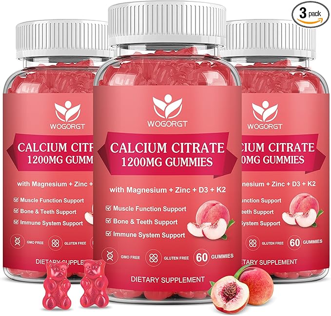 Calcium Citrate 1200mg Gummies with Vitamin D3, K2 - Chewable Calcium Magnesium Zinc d3 Supplement with Sea Moss Extract for Bone, Teeth, Immune Support for Women & Men, Peach Flavor-60 Gummies(3Pack)