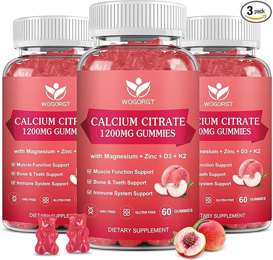 Calcium Citrate 1200mg Gummies with Vitamin D3, K2 - Chewable Calcium Magnesium Zinc d3 Supplement with Sea Moss Extract for Bone, Teeth, Immune Support for Women & Men, Peach Flavor-60 Gummies(3Pack)