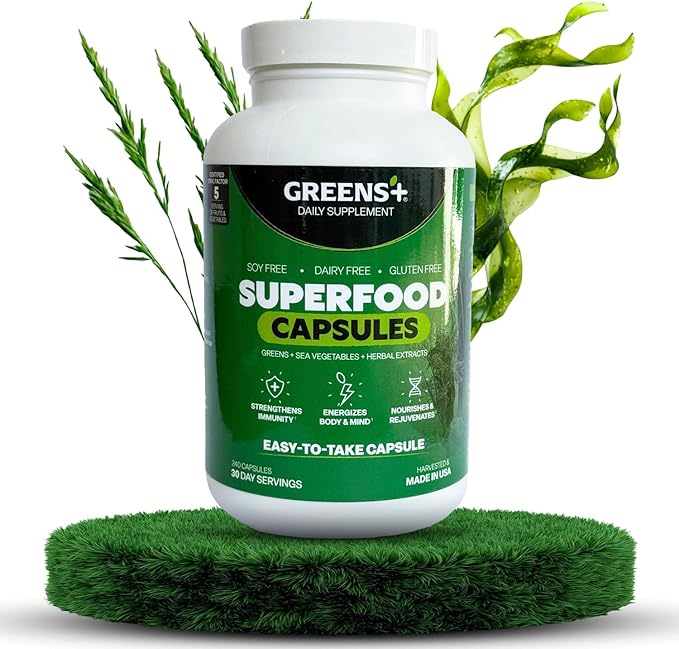 Greens+ Organic Superfood Capsules, Organic Spirulina and Chlorella, with Alfalfa & Wheat Grass, Vitamins & Minerals Supplements, Gluten-Free, Vegan, Non-GMO, 240 Count