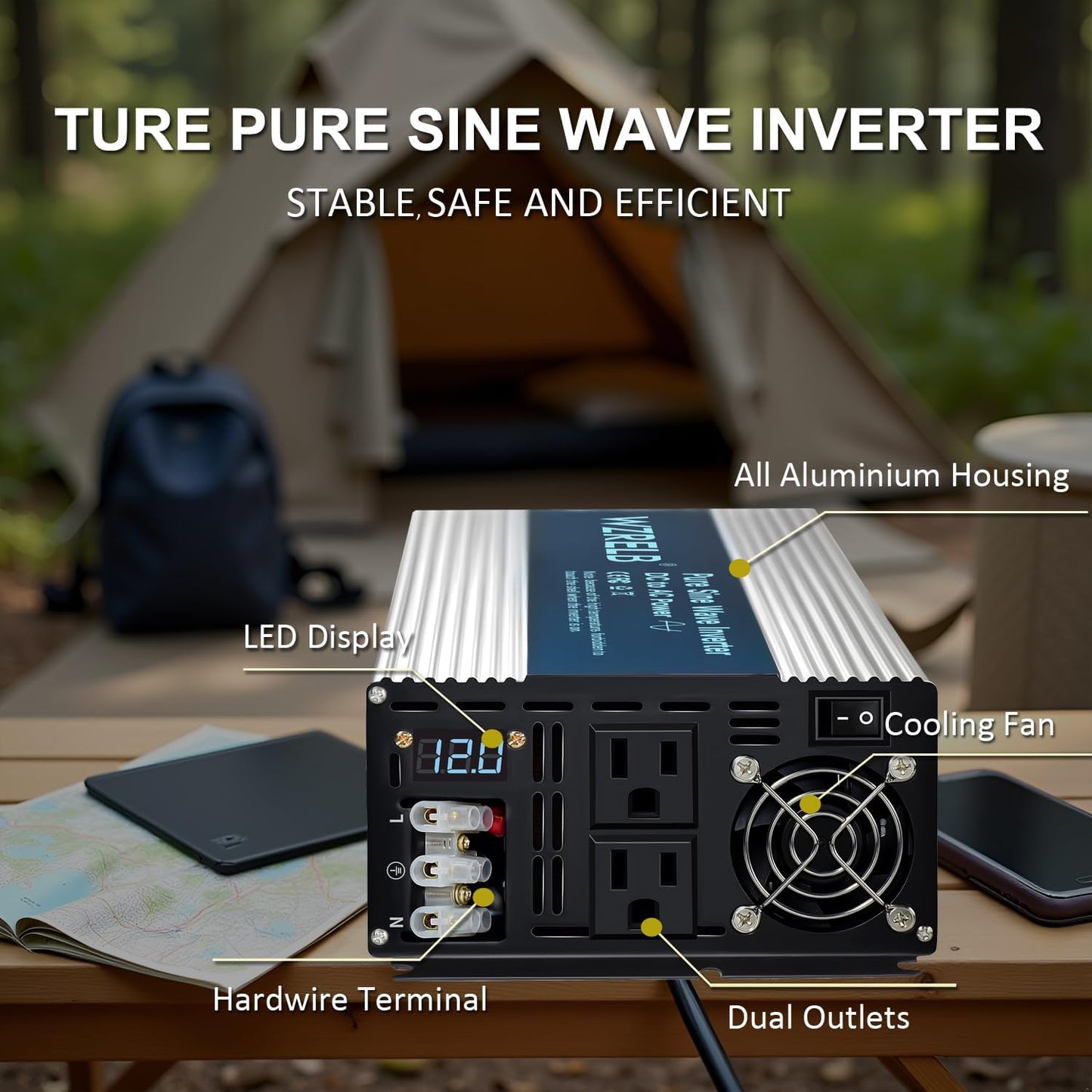 WZRELB 3500W Pure Sine Wave Inverter, Car Power Inverter 12V DC to 110V 120V AC Converter for RV, Truck, Solar, Outdoor with Dual AC Outlets, Hardwire Port, Surge 7000W, LED Display,Off-Grid