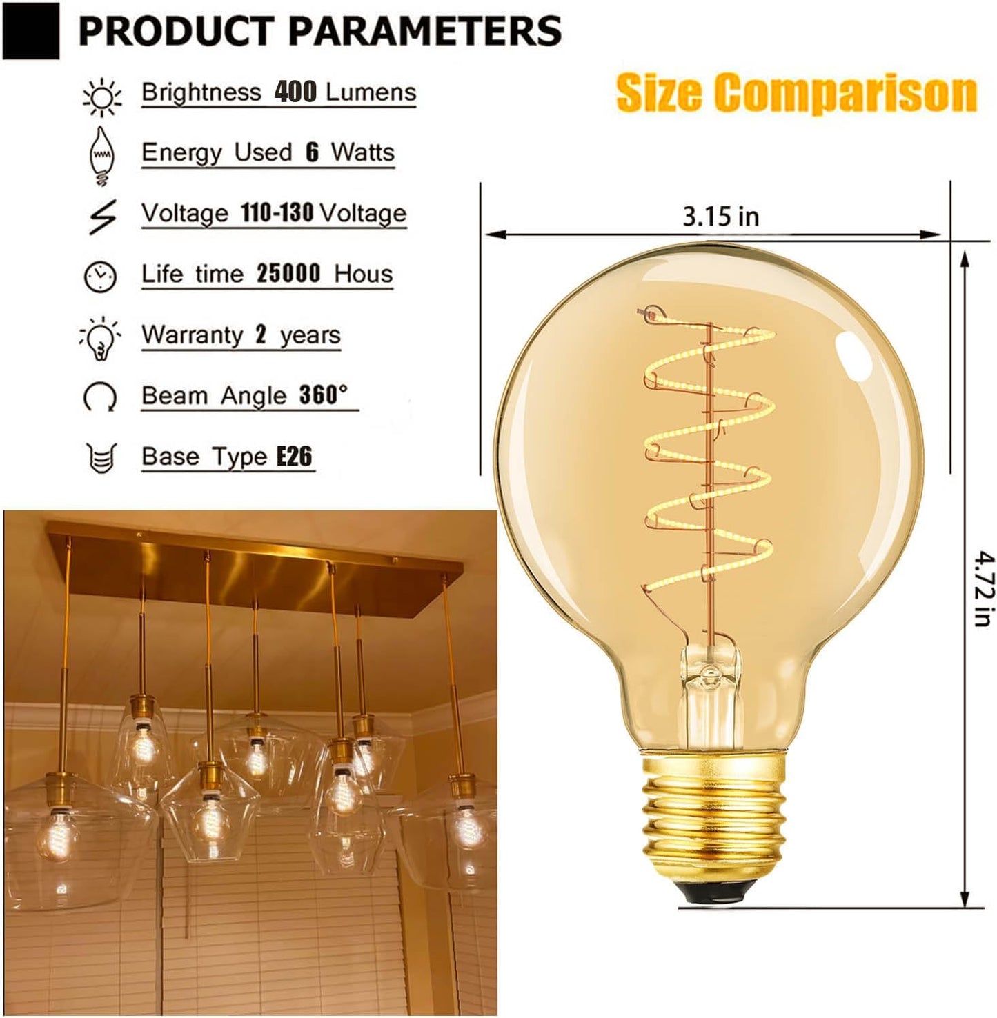Leools Vintage LED Spiral Filament Bulb G25/G80 Dimmable Flick-Free 6W CRI95 LED Edison Globe Light Bulb E26 Base,Amber Glass,Warm White,2200K, 400LM(40W Equivalent), Pack of 4