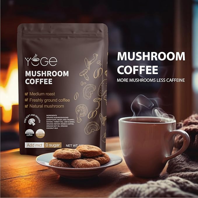 Mushroom Coffee, Instant Organic Mushroom Coffee with Cordyceps, Reish, King Trumpet, Shitake, Turkey Tail, Lions Mane for Energy, Focus, Positive Mood & Immune Support (30 Servings)