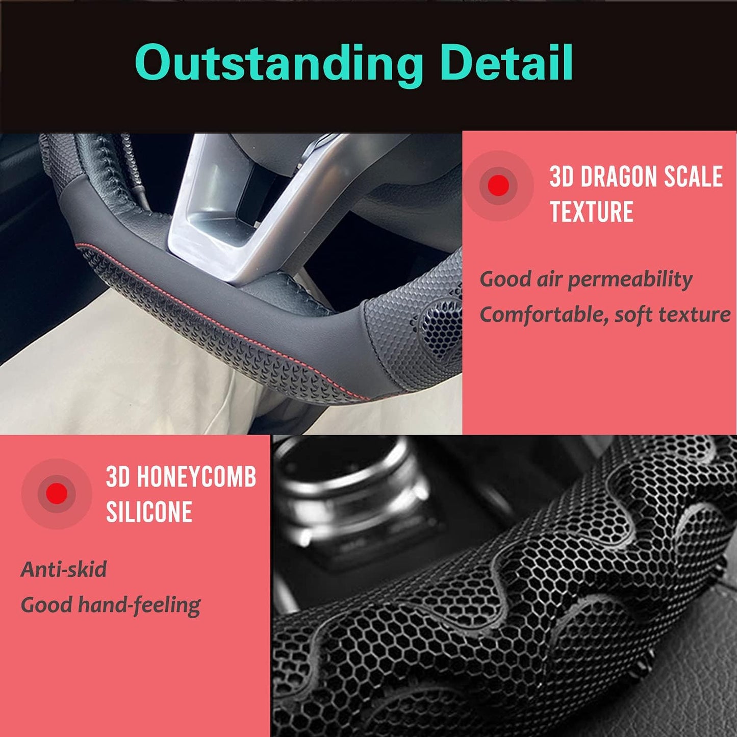 PINCTROT D Shaped 14.5-15 Inch Steering Wheel Cover Great Grip with 3D Honeycomb Anti-Slip Design, Flat Bottom 14.5-15 Inch (Black/Red Stitch)