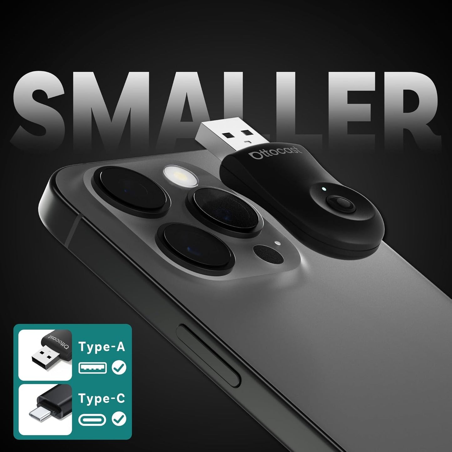 OTTOCAST Mini Dongle Wireless CarPlay Adapter for iPhone & Android Auto Adapter 2-in-1 Convert Wired to Wireless Apple Car Play, Plug & Play, USB-C, Low Latency (2016+ Cars, iOS 10+/Android 11+)