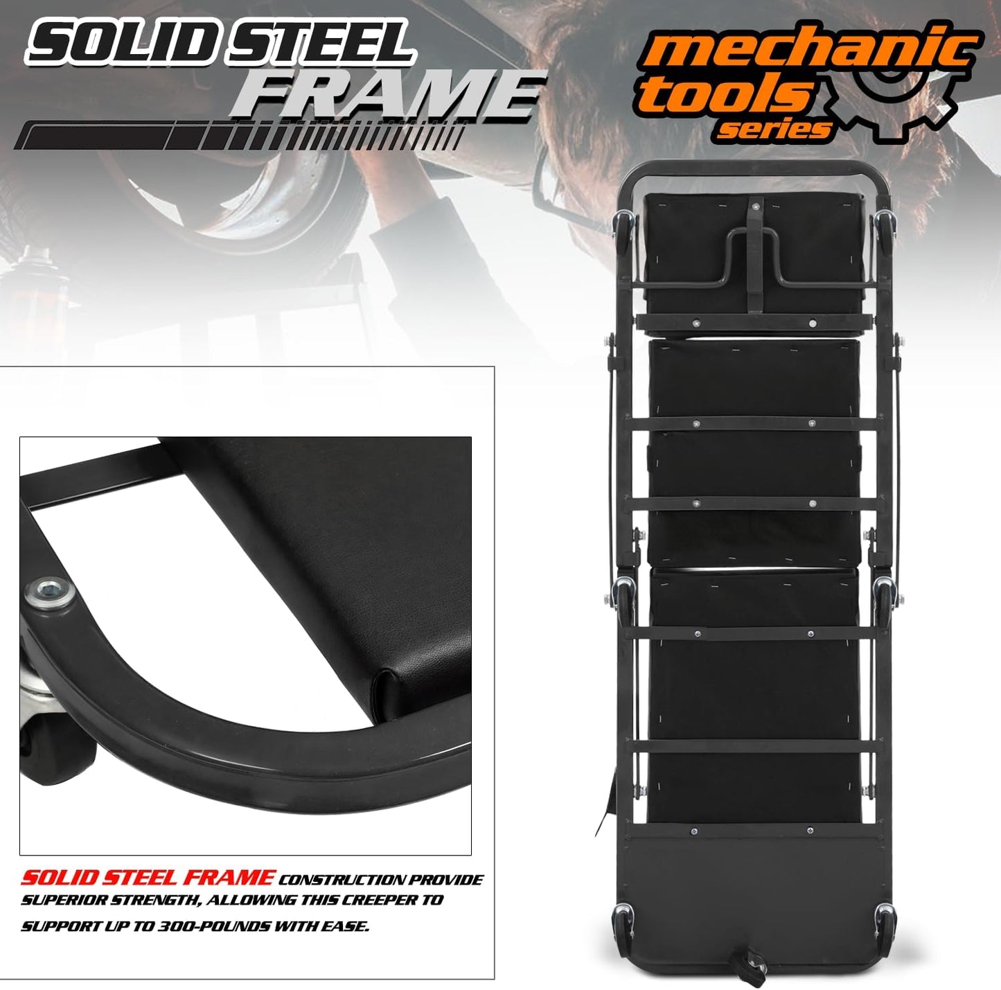 M-AUTO Heavy-Duty Convertible Mechanic Creeper, Z-Creeper 2-in-1 Creeper and Seat 48" Padded Adjustable Headrest Roller Garage Chair with 7 Swivel Casters for Washing, Detailing, Maintenance, Black