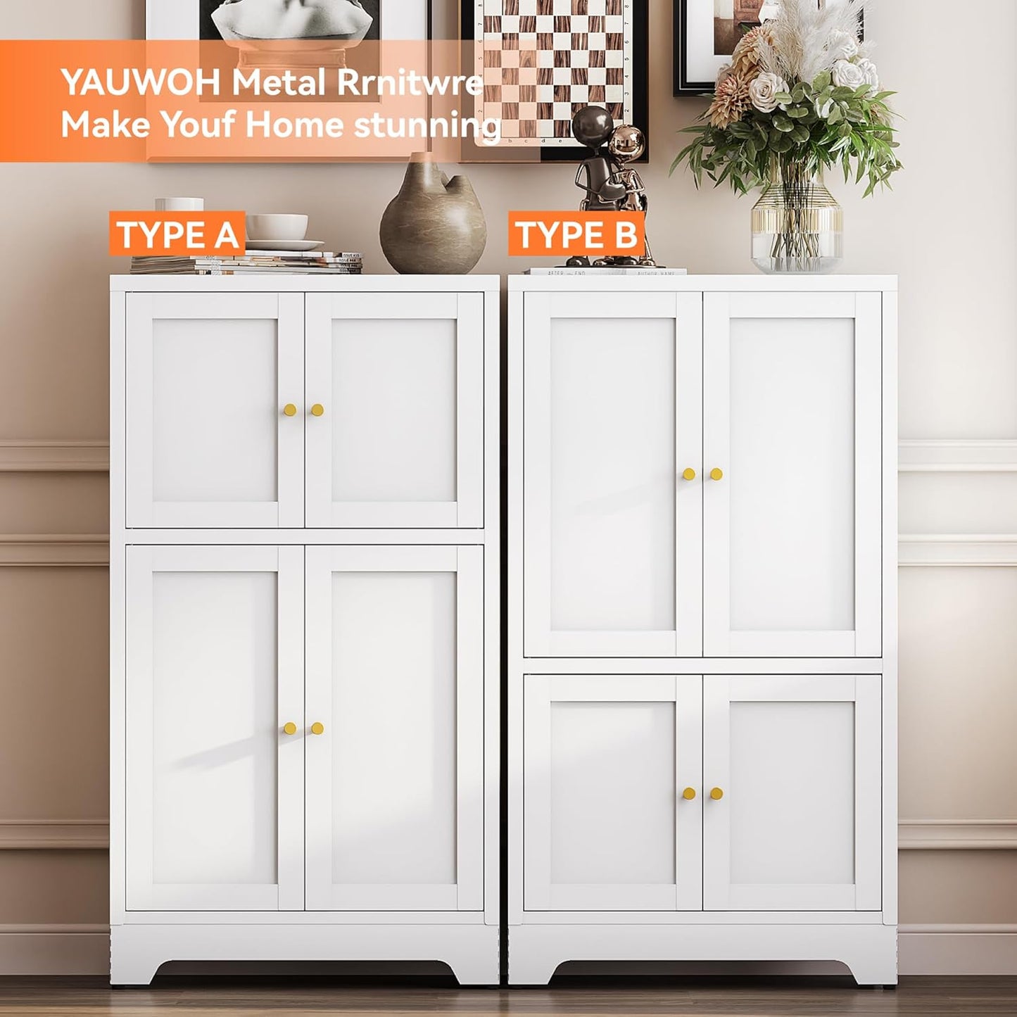 White Bathroom Floor Cabinet, Metal Storage Cabinet with 2 Adjustable Shelves & 4 Doors,Freestanding Sideboard for Dining Room,Living Room, Home Office