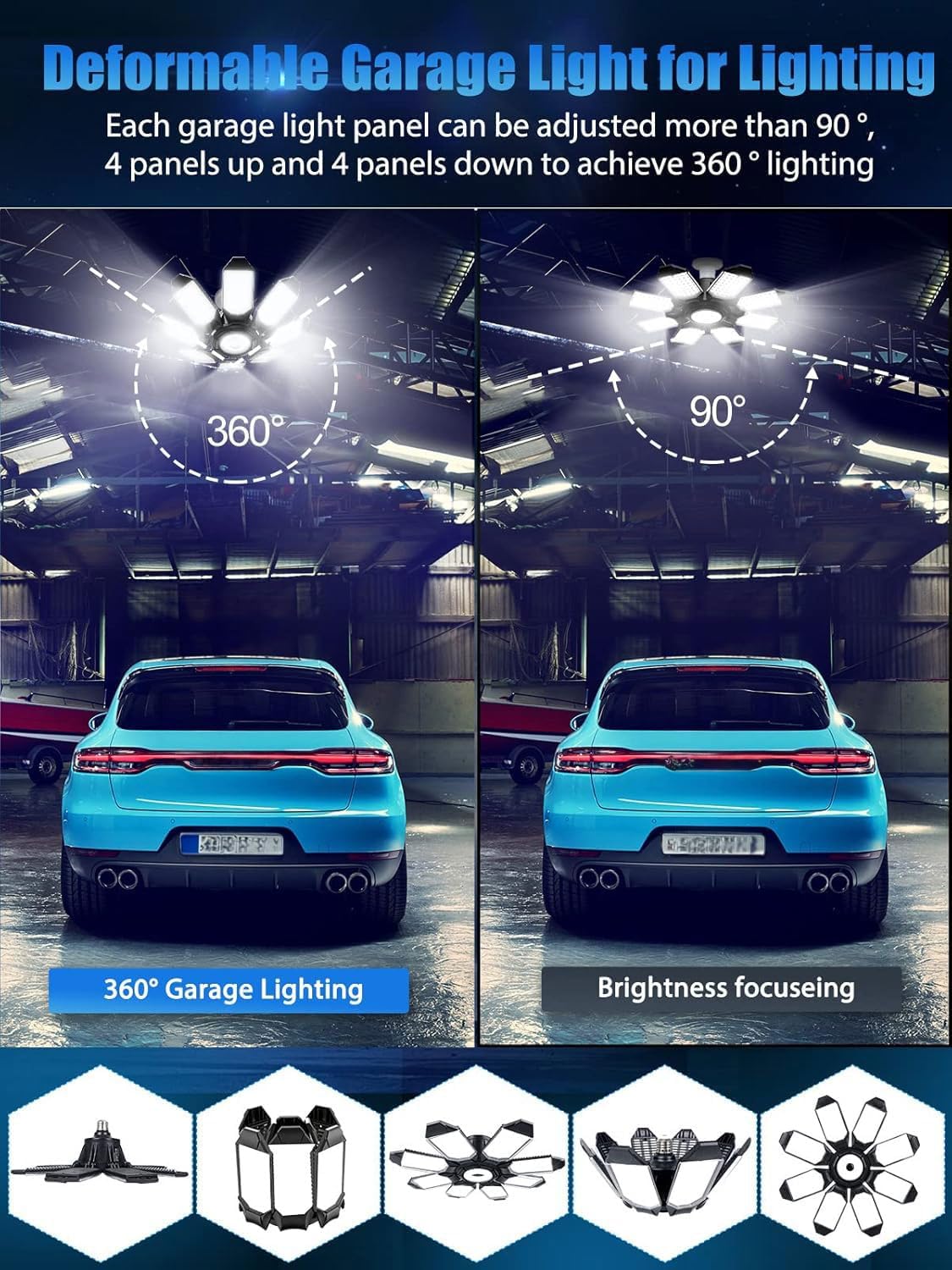 TANBABY 260W LED Garage Lights 2 Pack, Total 52000LM Deformable Best Ceiling Light with 8+1 Panels, E26/E27 Screw in Bulbs for Basement, Attic