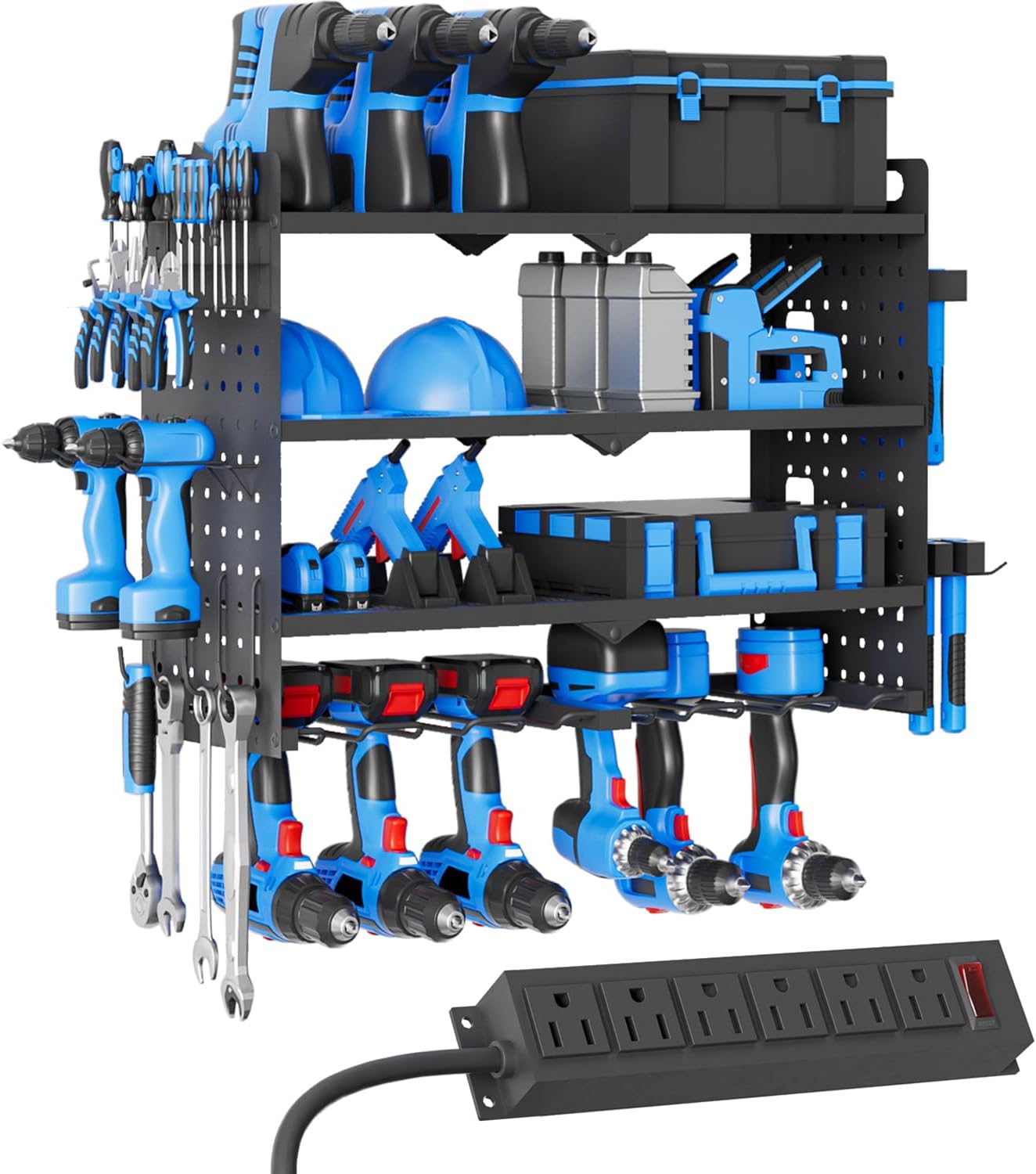 Power Tool Organizer Wall Mount with Charging Station, 4 Layers 6 Drill Holder, Heavy Duty Storage Utility Racks, Supports 600 lbs,Battery Shelf for Garage and Workbench (24 Inch 6 Drills Holder)