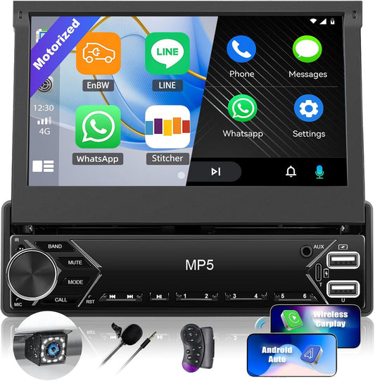 Single Din Touchscreen Car Stereo with Wireless Carplay&Android Auto,7 Inch Car Radio Flip Out MP5 Play with BT FM Radio EQ Mirror Link Car Audio with USB/TF/AUX-in SWC+Backup Camera+Microphone
