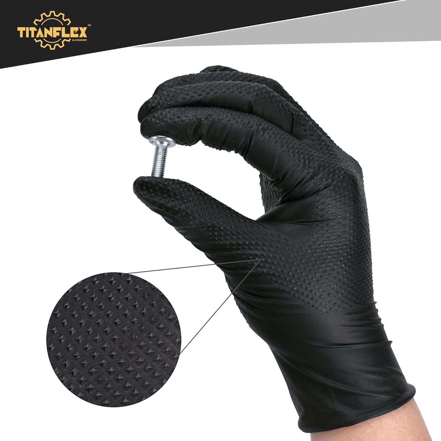 TitanFlex Thor Grip Heavy Duty Black Industrial Nitrile Gloves with Raised Diamond Texture, 8-mil, Latex Free