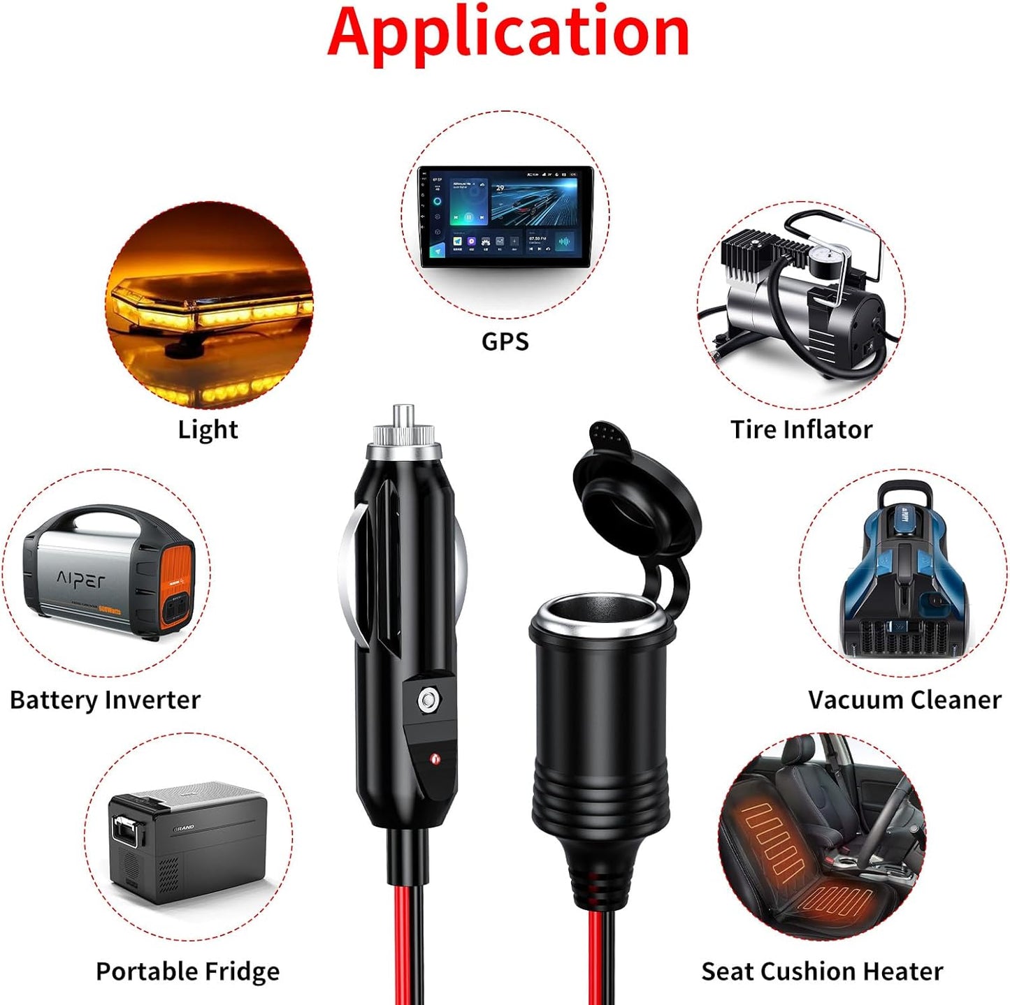 KEWIG 12/24V Car Cigarette Lighter Extension Cord - 26FT Cigarette Lighter Plug Cable- 16AWG Heavy Duty Extension Cable with 15A Fuse and LED Indicator