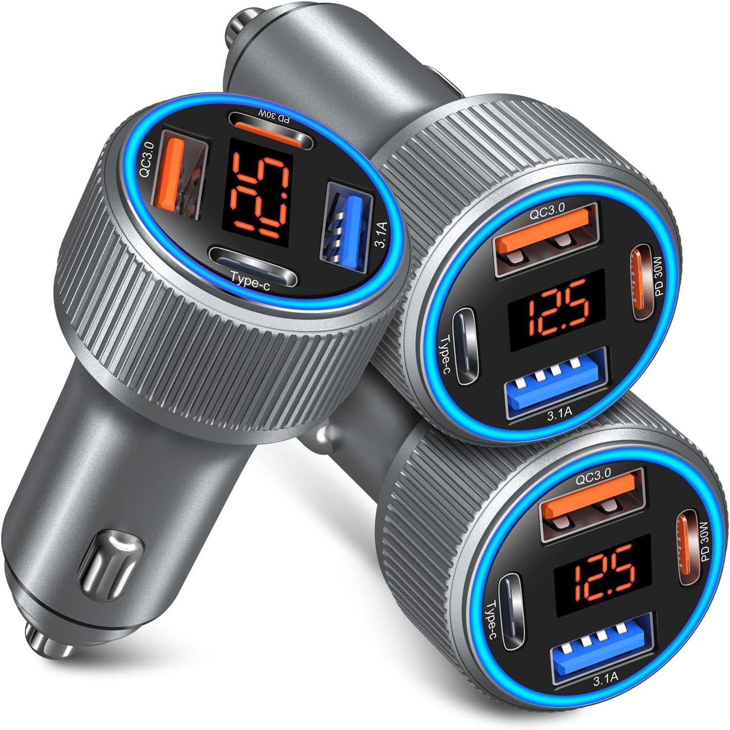 USB C Car Charger, 3 Pack 65W 12V Car Charger Adapter Multi Port QC 3.0+PD 30W Super Fast Cigarette Lighter Adapter Plug with Voltage Meter for iPhone 16/15/14/13/12/11 Pro Max,Samsung,Android(Gray)