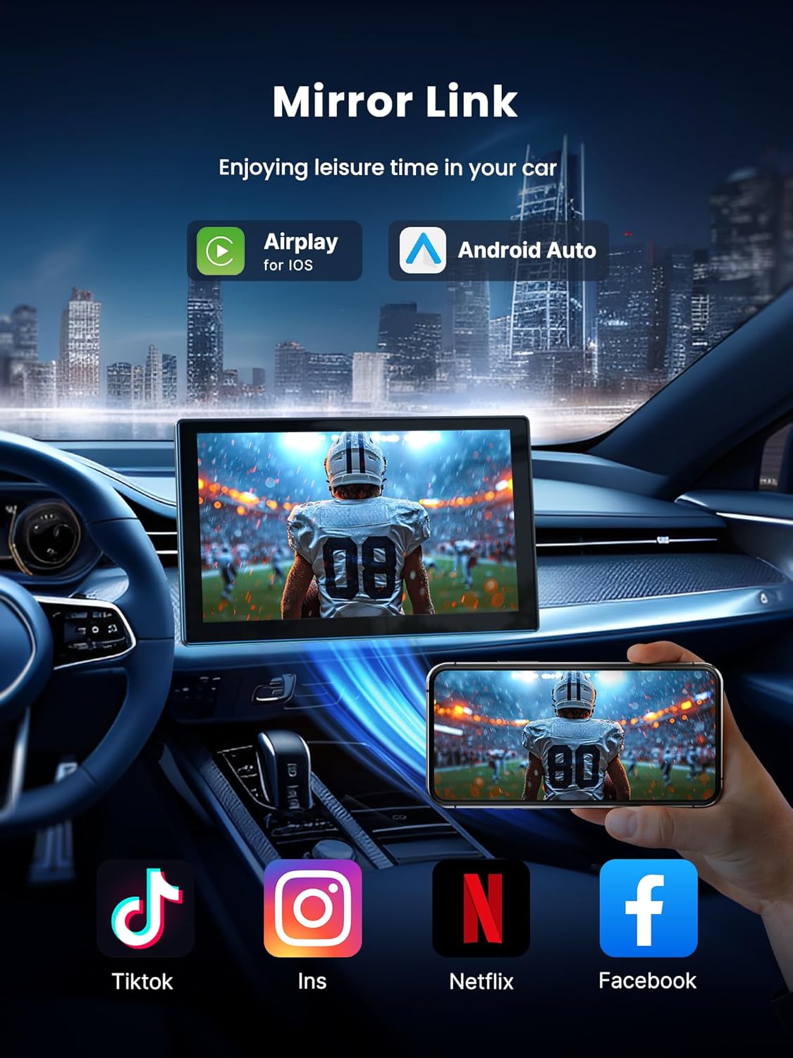 Portable CarPlay Screen for Car, 9'' Wireless Apple CarPlay & Android Auto Screen for Car, 4K Dash Cam, 1080P Backup Camera, GPS Navigation/Bluetooth/FM/Siri Voice Control for All Vehicles