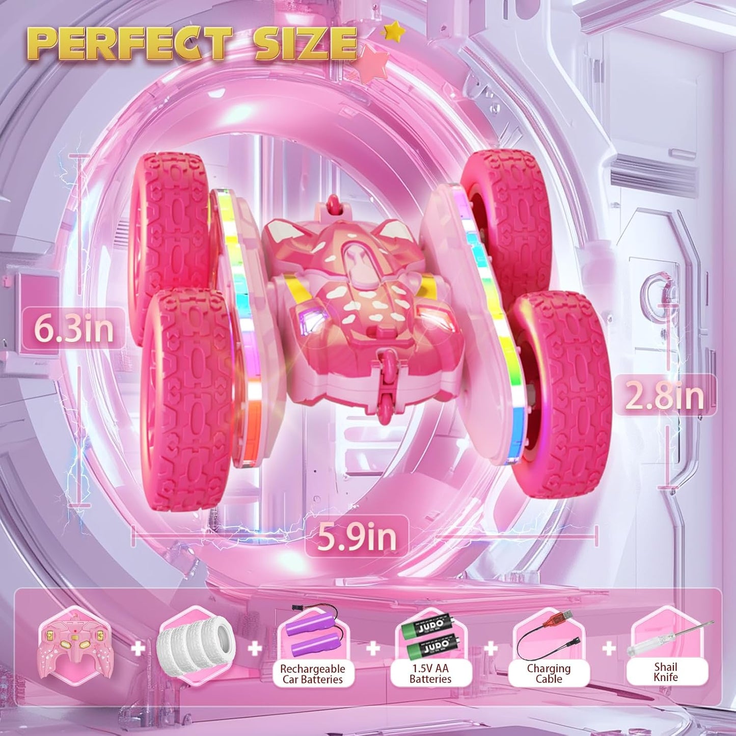 Remote Control Car for Girls, Pink RC Cars Stunt RC Car Girl Toys for Girls Double-Sided 360° Rotating with Headlights 4WD Kid Toys for Birthday Gifts (Pink)