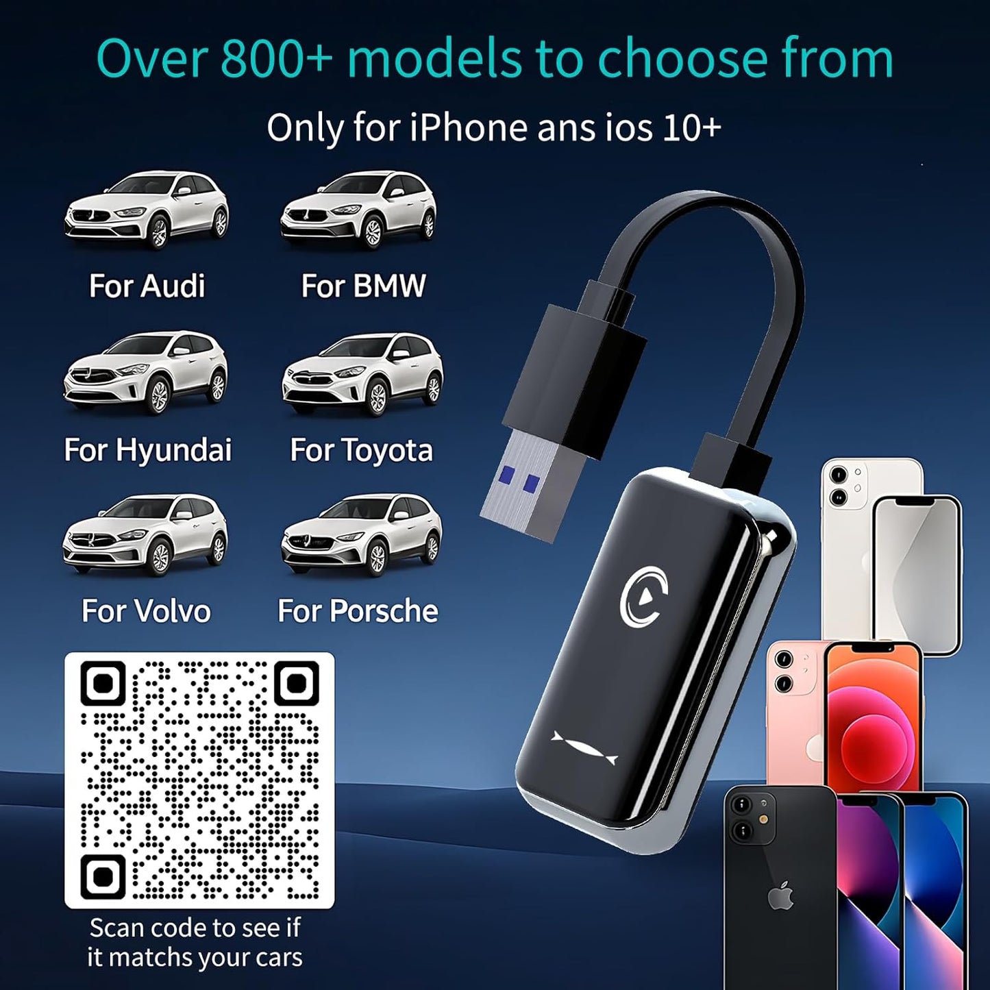 Wireless CarPlay Adapter for iPhone - Convert Wired to Wireless Apple CarPlay Adapter, Plug & Play, No Delay,Mini Size with Extension Cable USB-C Compatible with Built-in CarPlay & iOS 10+