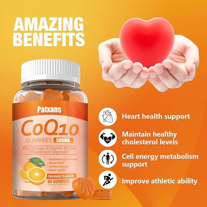 1 Pack 500MG CoQ10 Supplement Gummies, Omega-3, Magnesium, Vitamin B3, Zinc, Ultra High Absorption Provides Healthy Support for Heart, Cell Energy＆ Antioxidants, 60Cts.