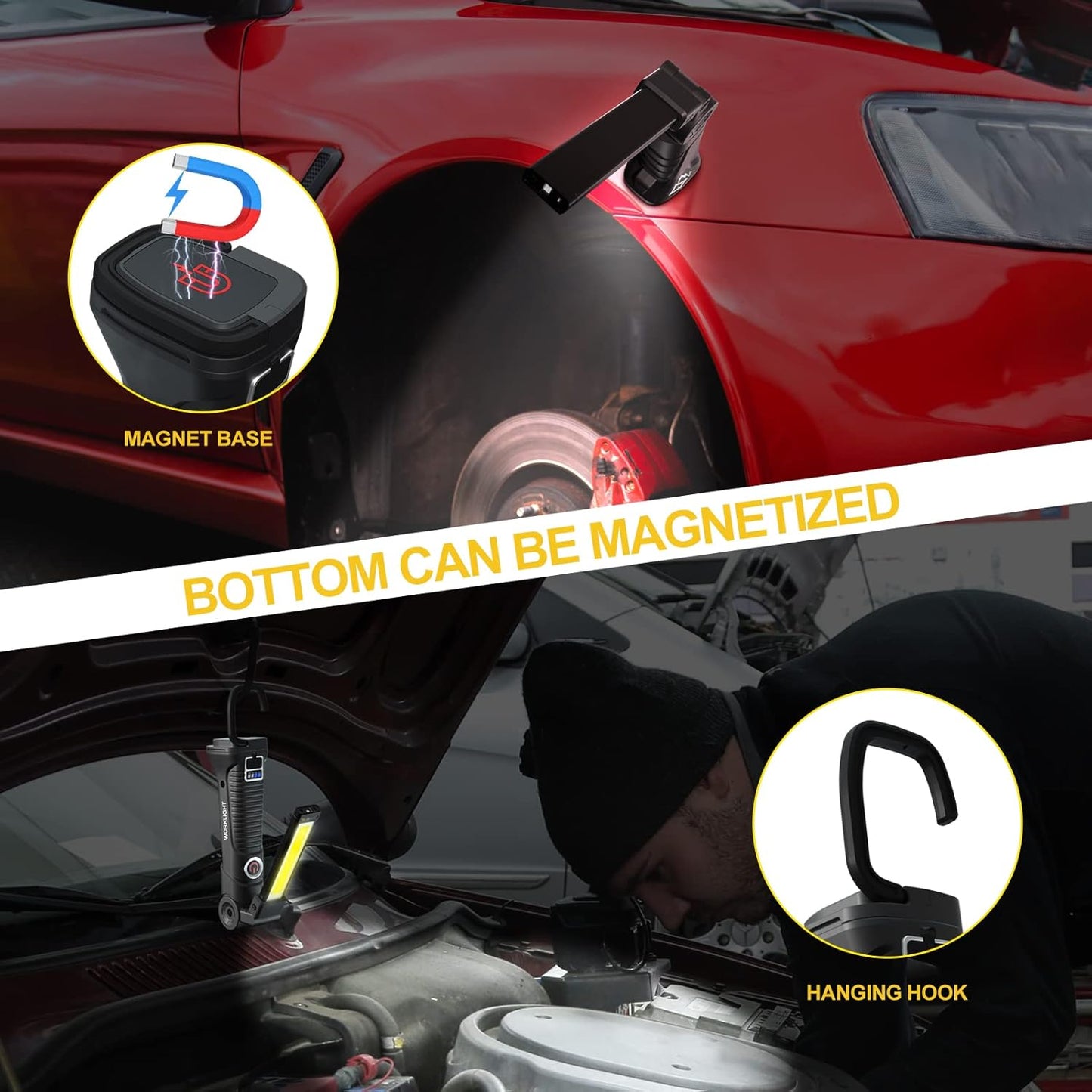 LHOTSE Rechargeable Work Lights, LED Work Light with Magnetic Base and 360° Rotation Stand, 5 Modes COB Bright Flashlights Inspection Light for Car Repair, Home, Garage, Emergency,BBQ,Camping (1pack)