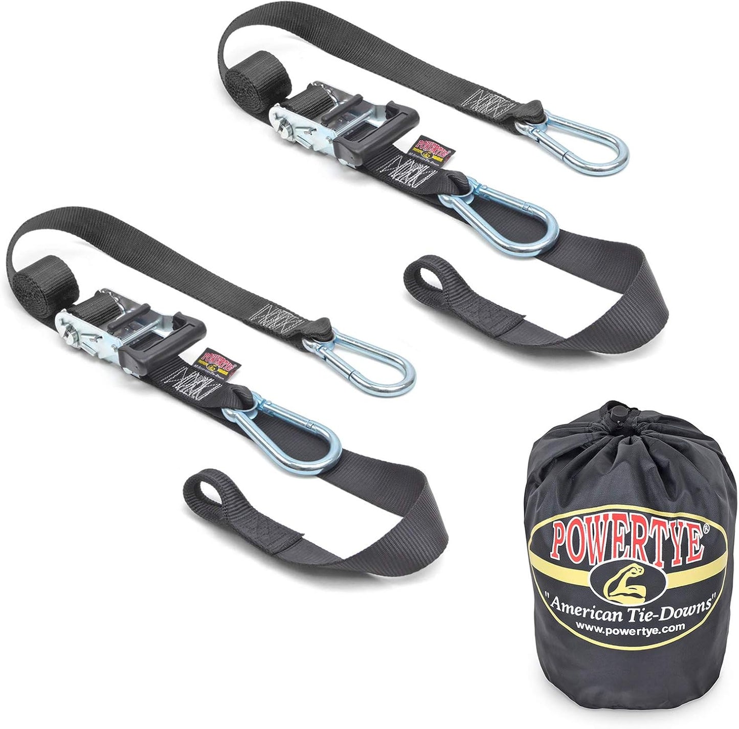PowerTye - Made in USA - Heavy Duty Ratchet Tie Down Straps with Carabiner Hooks, Soft-Tye & Storage Bag, for Motorcycle, ATV, Trailer & Cargo, 1,000 lb WLL, 1.5 inch x 6.5ft Long, Black/Black (Pair)