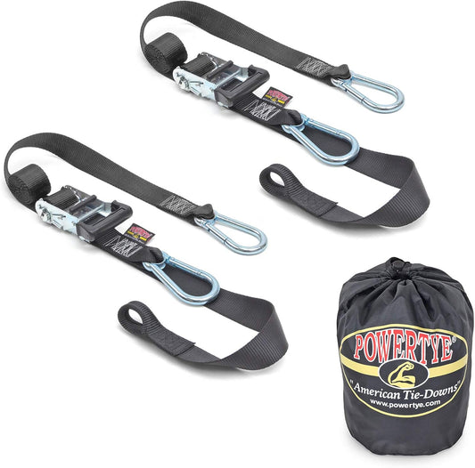 PowerTye - Made in USA - Heavy Duty Ratchet Tie Down Straps with Carabiner Hooks, Soft-Tye & Storage Bag, for Motorcycle, ATV, Trailer & Cargo, 1,000 lb WLL, 1.5 inch x 6.5ft Long, Black/Black (Pair)
