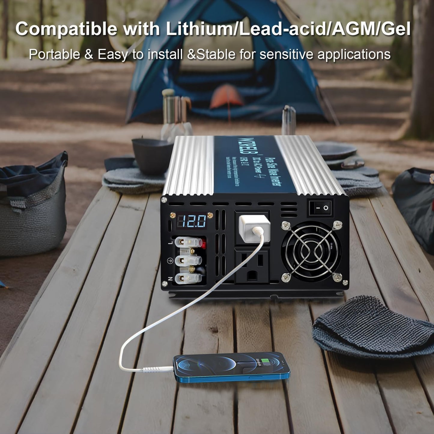 WZRELB 4000W Pure Sine Wave Inverter, Car Power Inverter 12V DC to 110V 120V AC Converter for RV, Truck, Solar, Outdoor with Dual AC Outlets, Hardwire Port, Surge 8000W, LED Display,Off-Grid