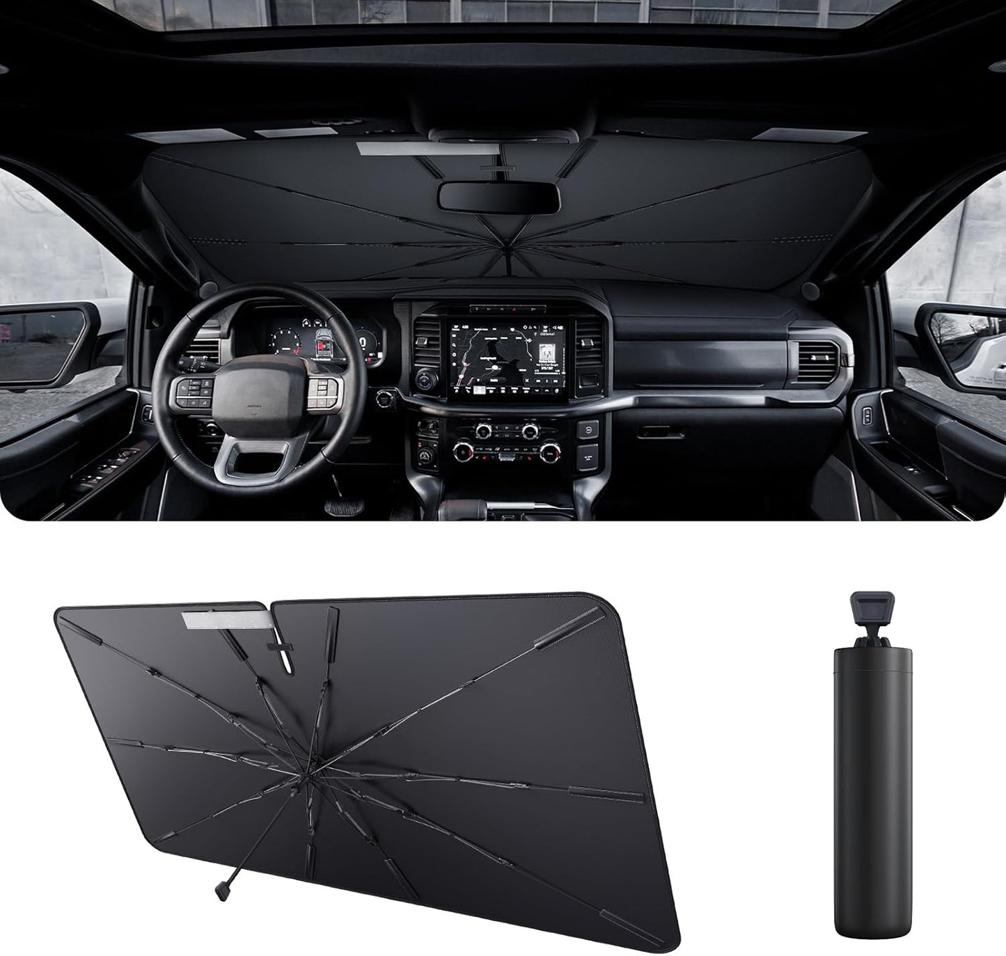 2025 Upgrade Car Windshield Sun Shade Windshield Sunshade Umbrella [Star Fabric] Protect Car from Sun Rays&Heat Damage Keeps Vehicle Cool, Spring Structure Edge Fits Sedans,SUVs,Trucks,Hatchbacks (M2)