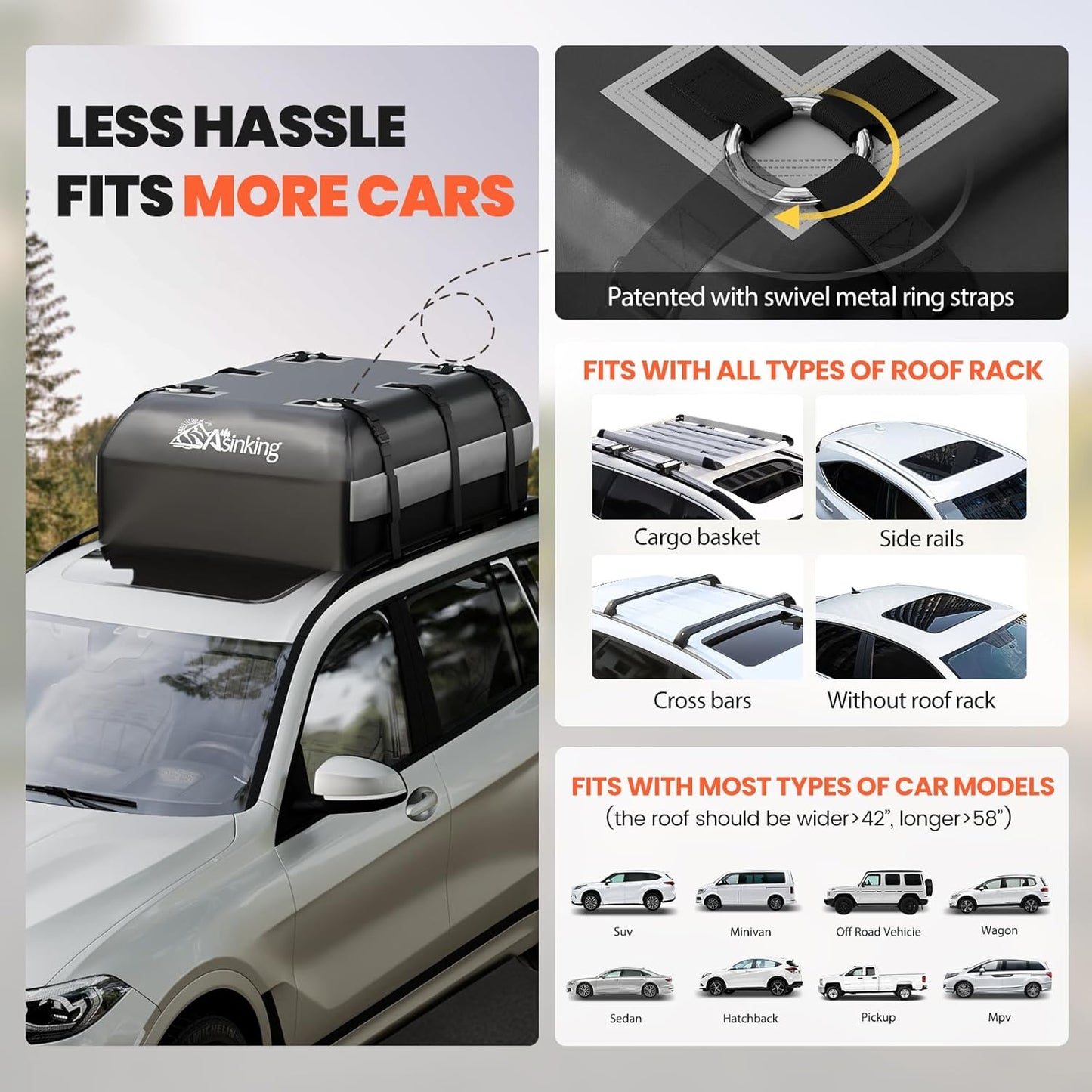 Asinking Car Rooftop Cargo Carrier Bag - 100% Waterproof Heavy Duty Car Roof Luggage Carrier 21 Cubic Feet, Fits All Vehicles with/Without Roof Rack - Easy Install & Triply Reinforced for Secure Use