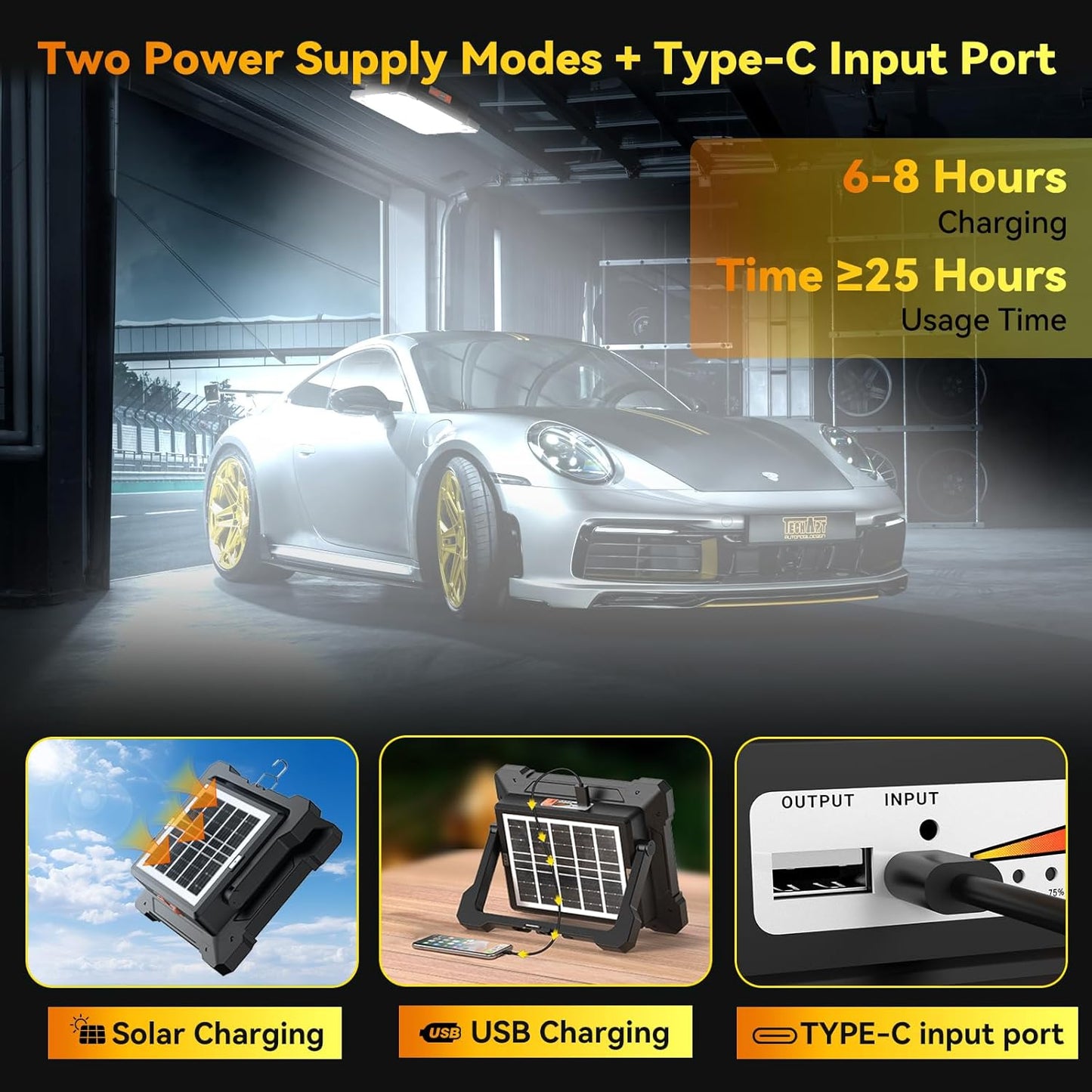 500W Led Work Light Rechargeable,42000MAh Solar Portable Light, 42000LM Magnetic Work Lights, 326 Led Battery Work Lights with Stand 5 Lights Modes IP66 Waterproof for Outdoor Camping Car Repairing