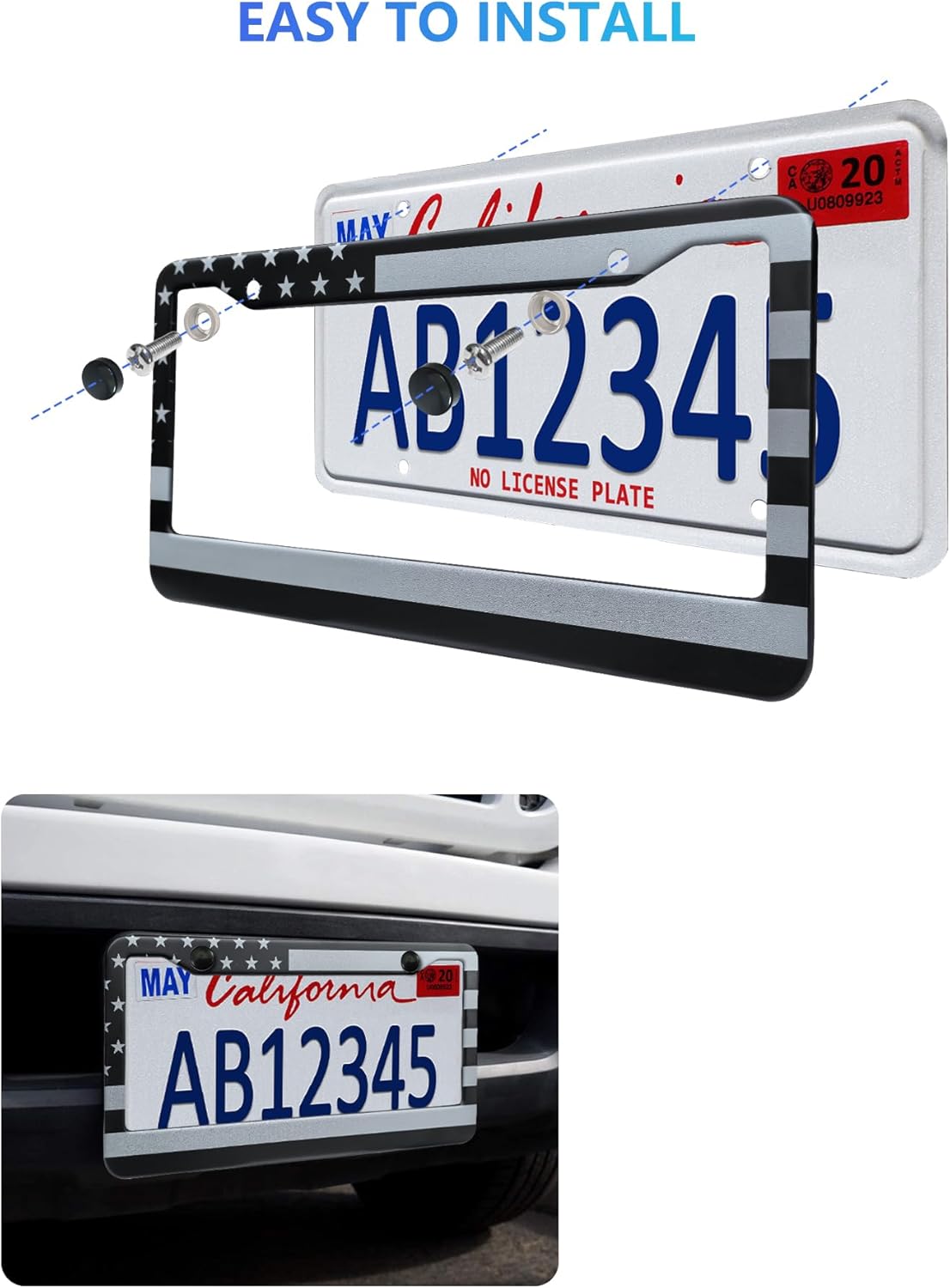 American Flag License Plate Frames - 2 Pack Black Stainless Steel Front Rear Car Tag Frames Printed with Patriotic USA Flag Pattern, with Decals Screws Caps