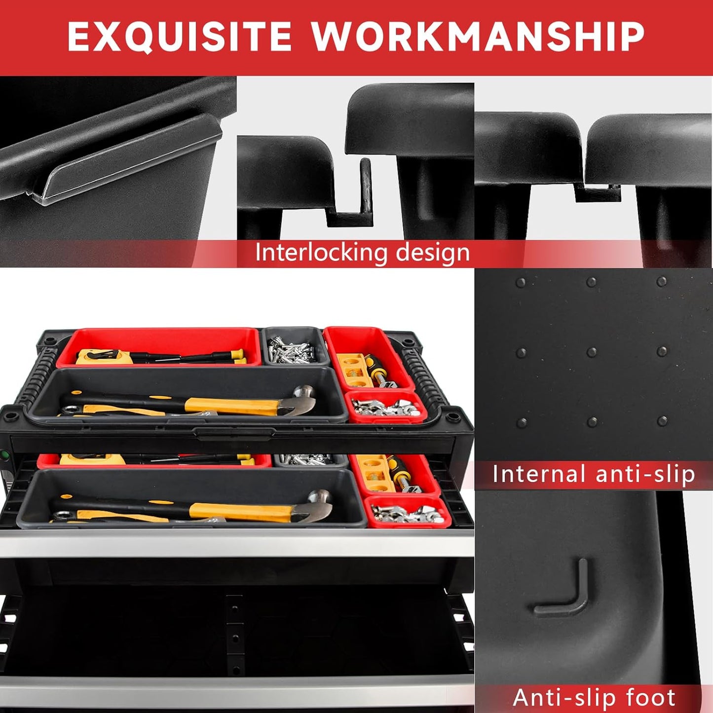 Tool Box Organizer Tray, Toolbox Desk Drawer Organizer, Tool Box Tray, Toolbox Organization Storage for Rolling Tool Chest (60PCS (Black+Red))