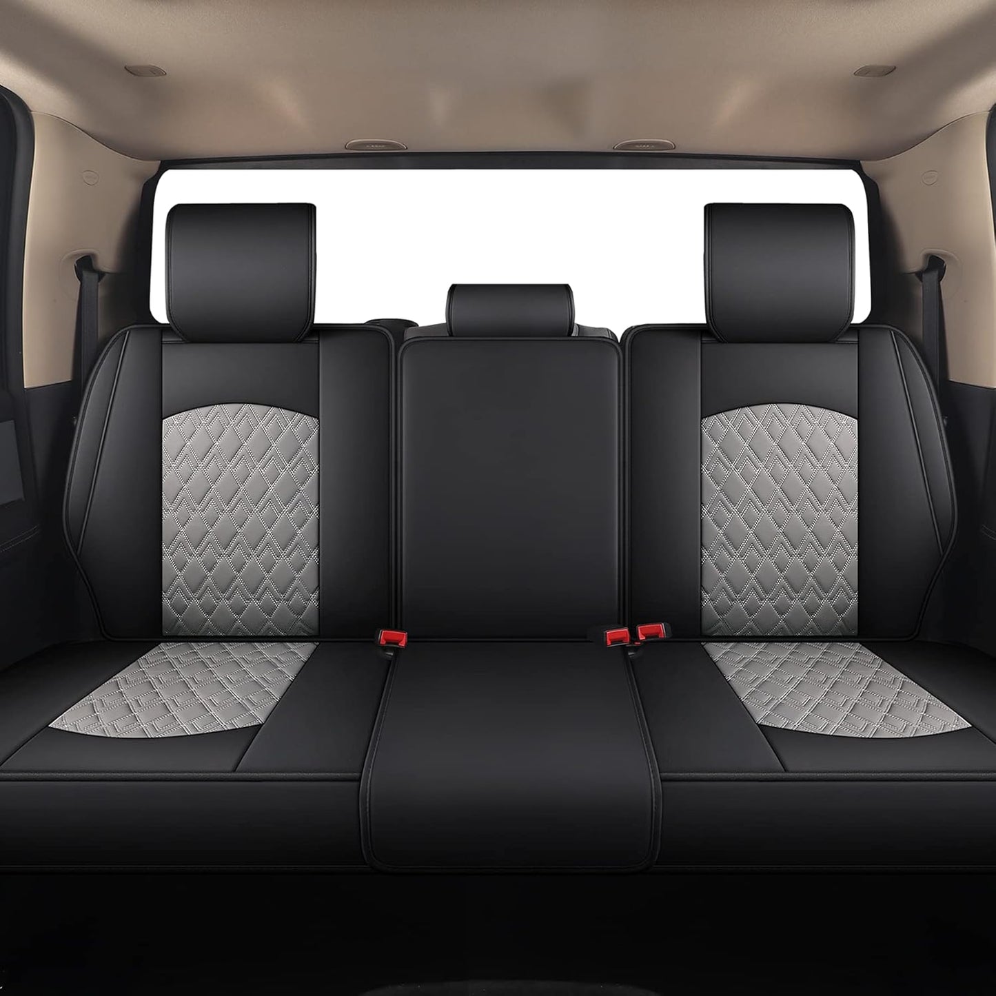 JOJOBAY Car Seat Covers for Dodge Ram,Fit Ram 2009-2025 1500/2500/3500 Pick-up Truck,Crew,Regular,Quad,Mega Cab,Waterproof Synthetic Leather Rear Seat Cover,Black-Grey