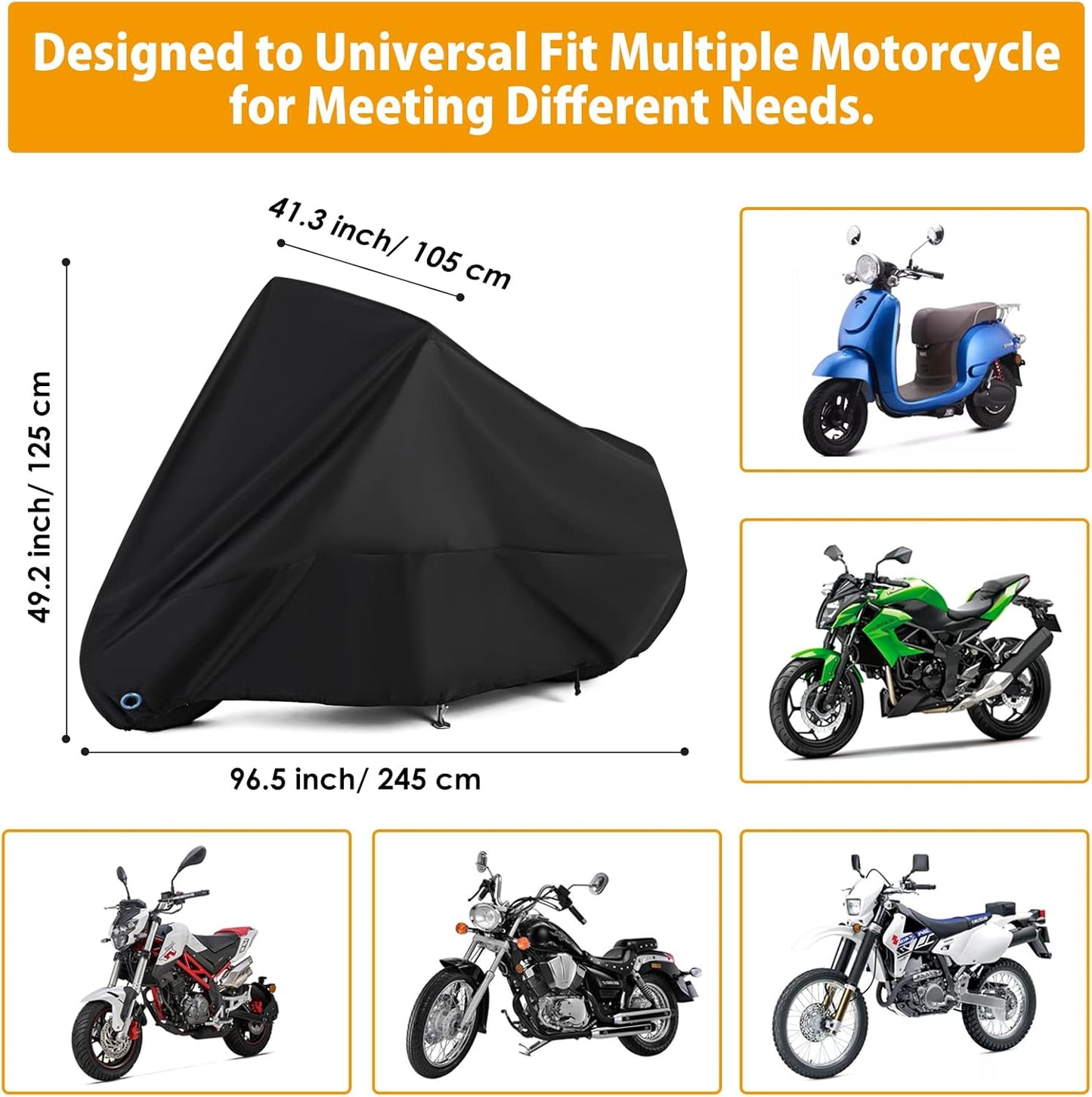 Motorcycle Cover All Season Universal Weather Waterproof Motorbike Cover with Lock-Holes & Storage Bag XXL Motorcycles Vehicle Cover for Harley Davidson, Honda, Suzuki, Kawasaki, Yamaha