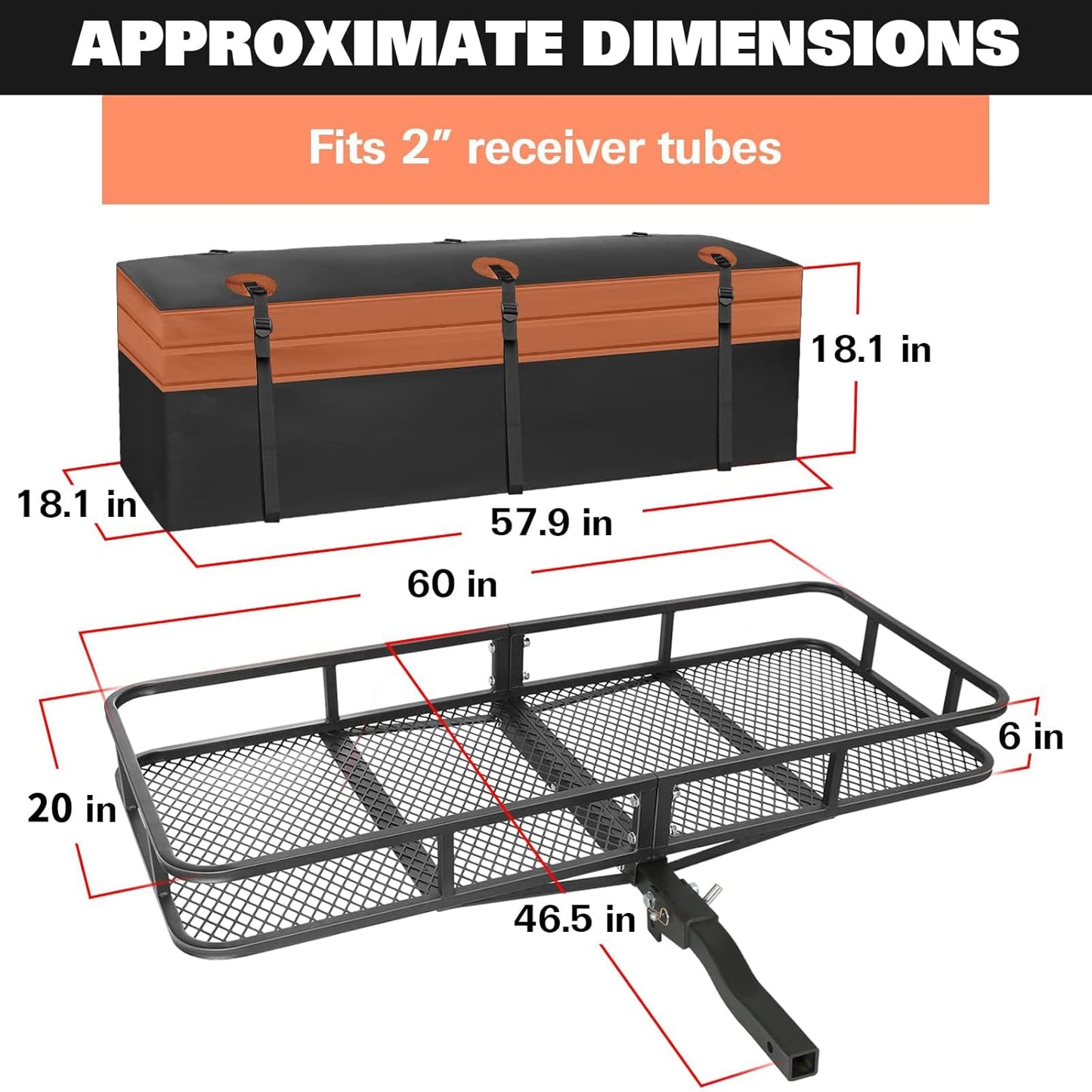 WEIZE Folding Hitch Mount Cargo Carrier Basket 60" X 20" X 6"+ Waterproof Cargo Bag, Hauling Weight Capacity of 500 Lbs and A Folding Arm, with Hitch Stabilizer, Net and Straps