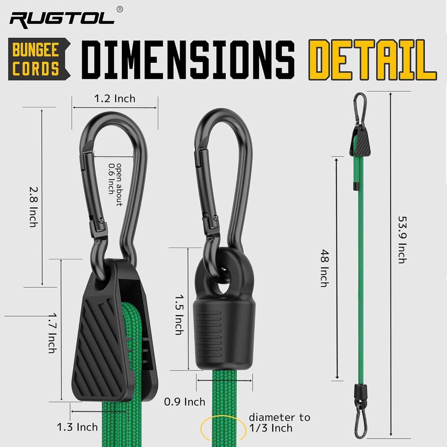 Bungee Cords with Hooks, 48 Inch Adjustable Green Bungee Cords with Carabiner Heavy Duty Outdoor, 8mm Thick Easy to Adjust Bungee Rope UV Resistant for Truck Bed, Bike Rack, Trash Can, Moving, 6 Pack