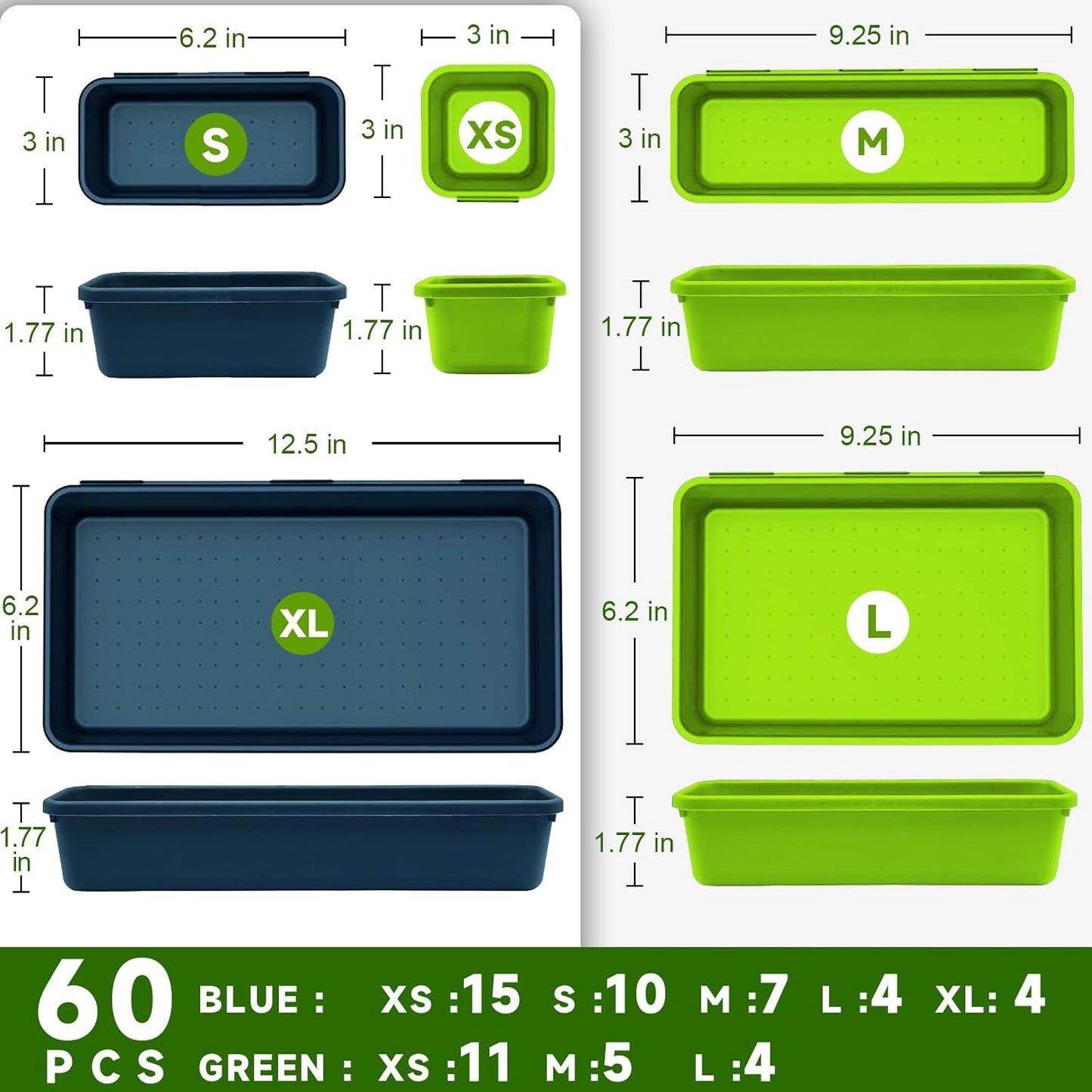 Tool Box Organizer Tray, Toolbox Desk Drawer Organizer, Tool Box Tray, Toolbox Organization Storage for Rolling Tool Chest (60PCS (Blue+Green))