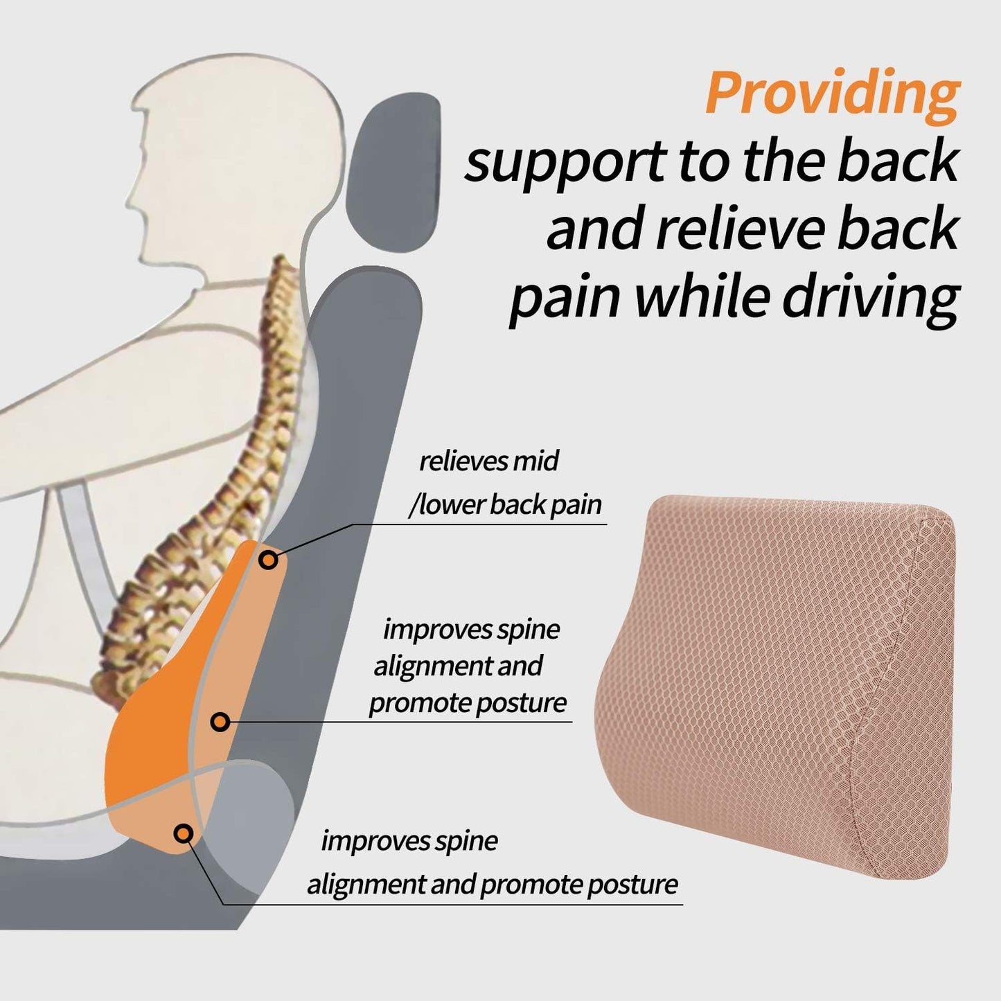 Memory Foam Lumbar Support Pillow for Car - Lower Back Support Cushion for Driving, Back Pain Relief for Car Seat, Office Chair, Wheelchair (Beige)