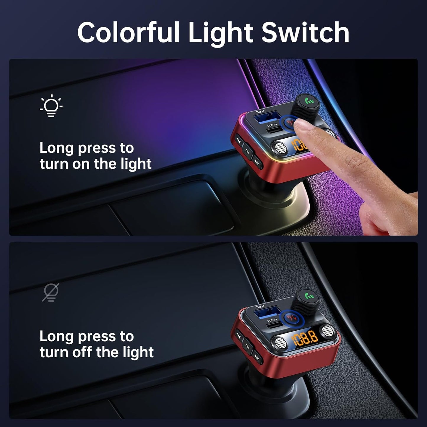 Syncwire Bluetooth 5.4 FM Transmitter Car Adapter 42W [Light Switch] [Stronger Dual Mics] [HiFi Deep Bass] [Fast Charging] Wireless FM Radio Music Adapter Hands-Free Calling Support USB Drive, Red