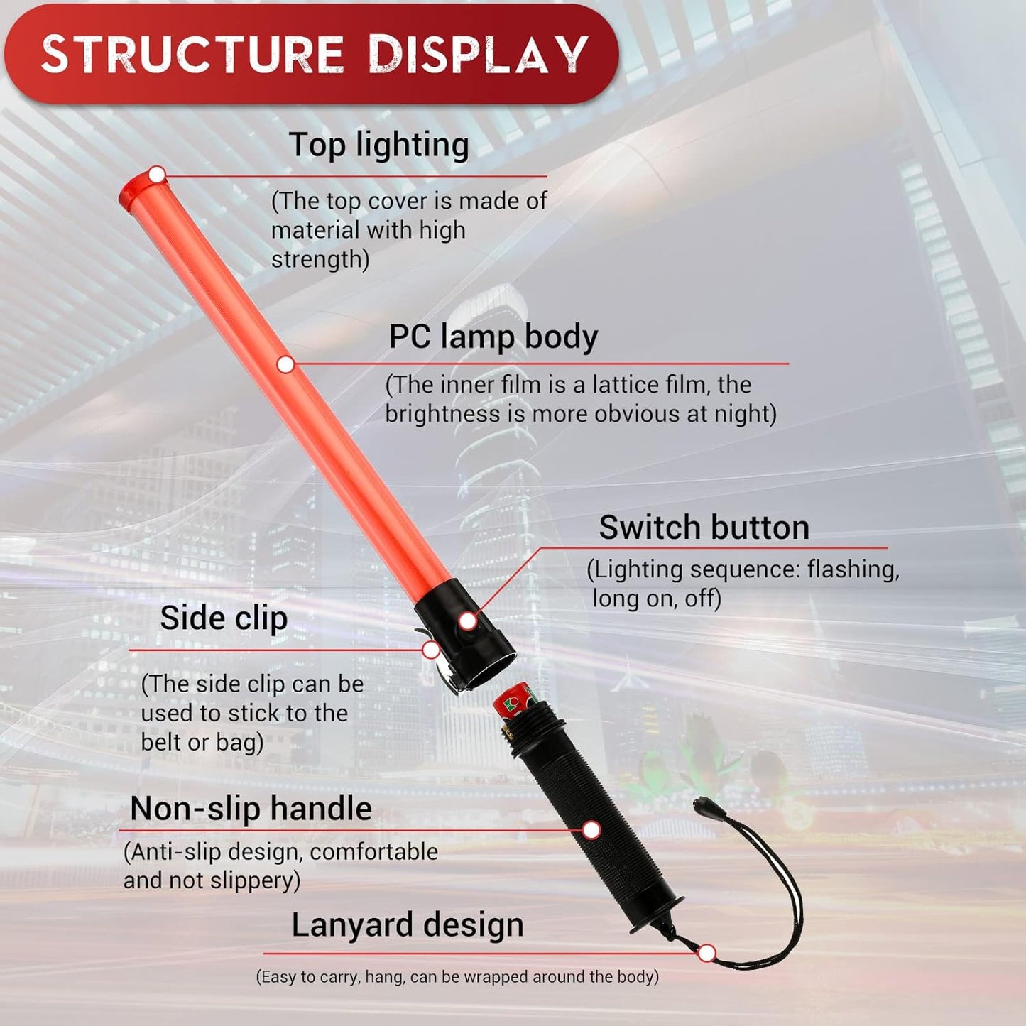 Weewooday 24 Pieces 21 Inch Signal Traffic Wand Safety Traffic Control Wand Safety Baton with 2 Flashing Modes LED Light, Wrist Strap Lanyard and Side Clip Design for Parking Guides, Red, 24 pcs