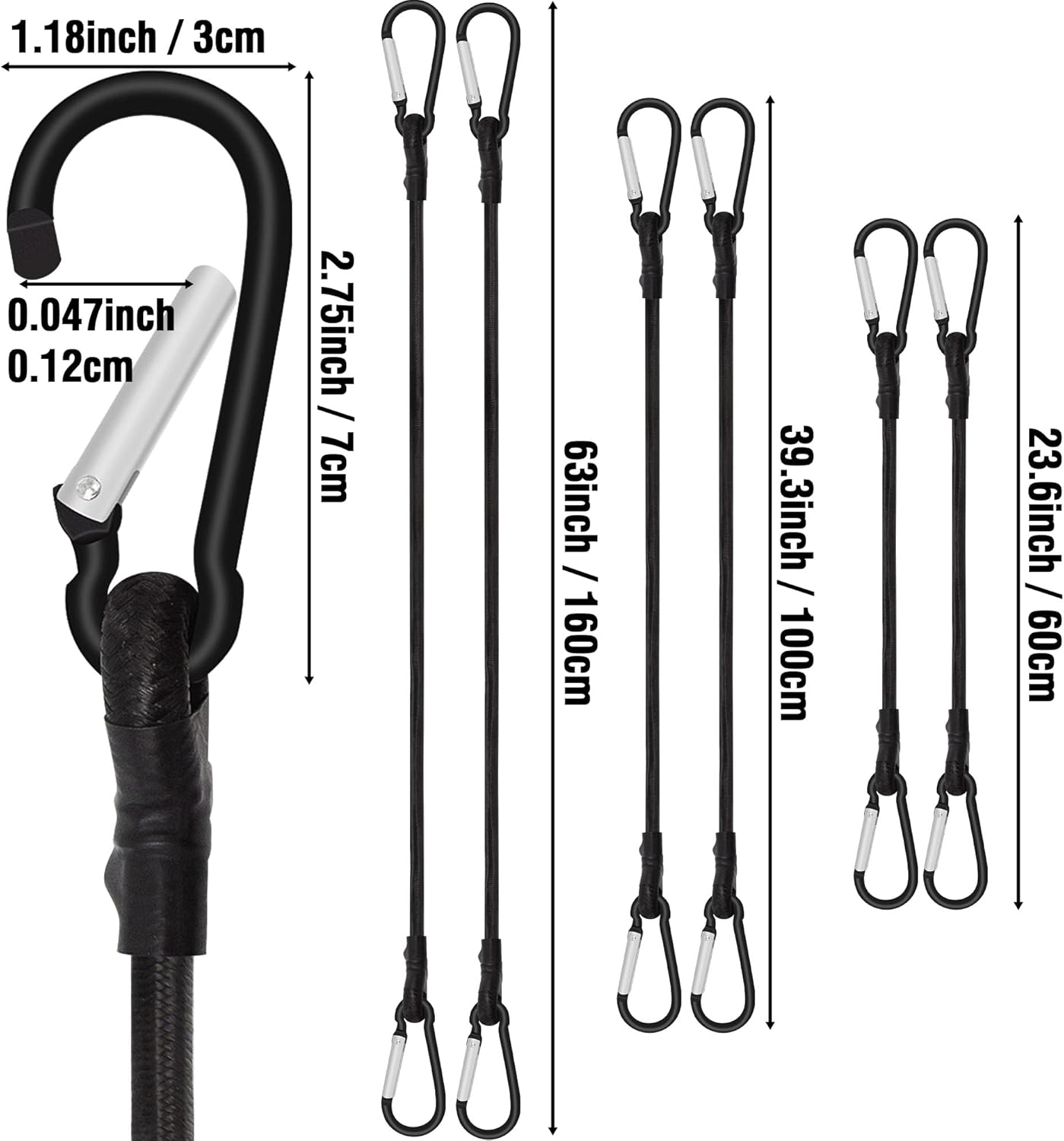6 Piece Bungee Cords with Hooks - Heavy Duty Outdoor Bungee Cord Includes 24", 40", 60", Extra Strong Carabiner Bungee Cord with Metal Hook for Camping, Tarps, Bike Rack, Tent, Car