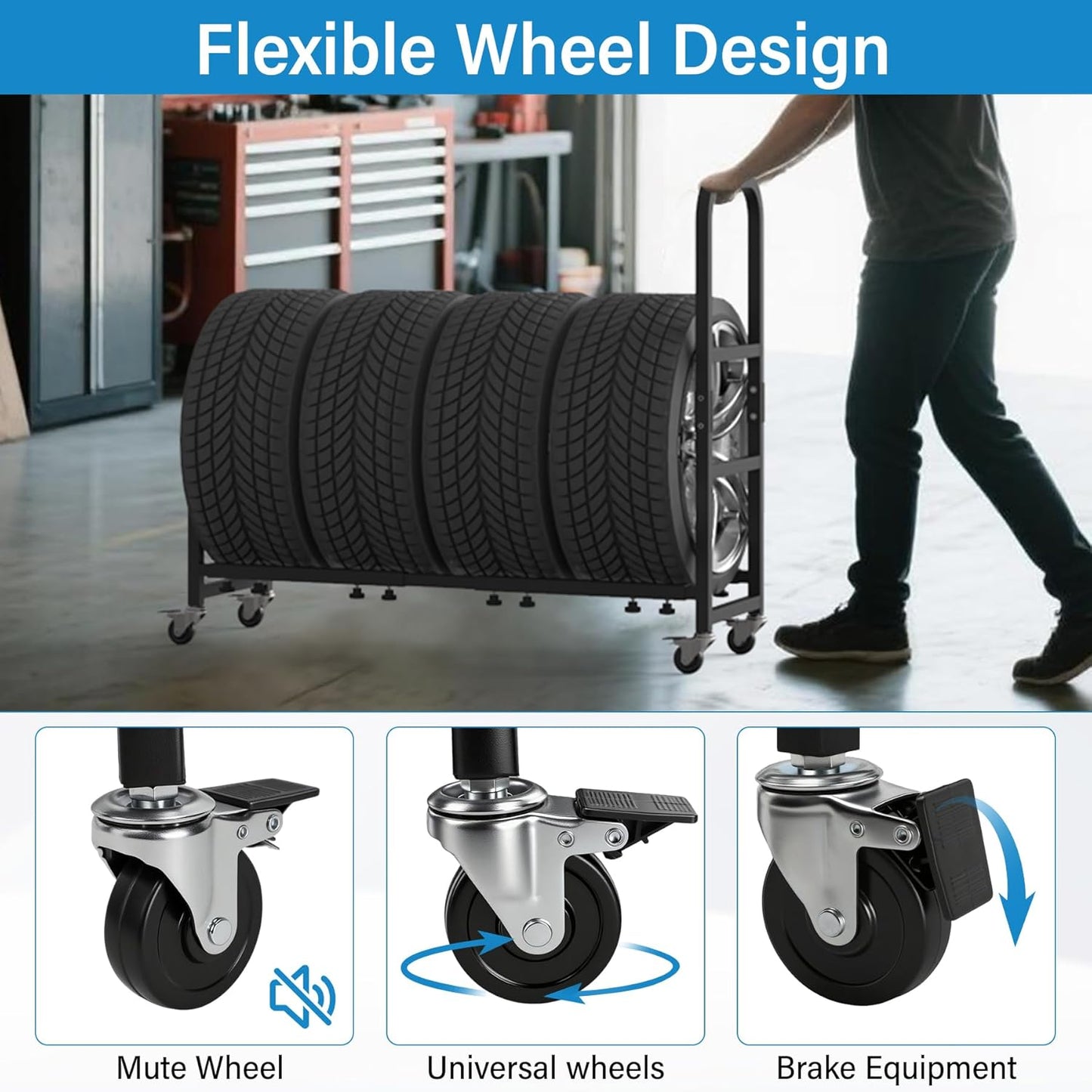 Rolling Tire Rack 43.5" x 13" x 37.4", 2 in 1 Metal Garage Tire Storage Rack w/4 Swivel Casters with Brake for Garage Storage