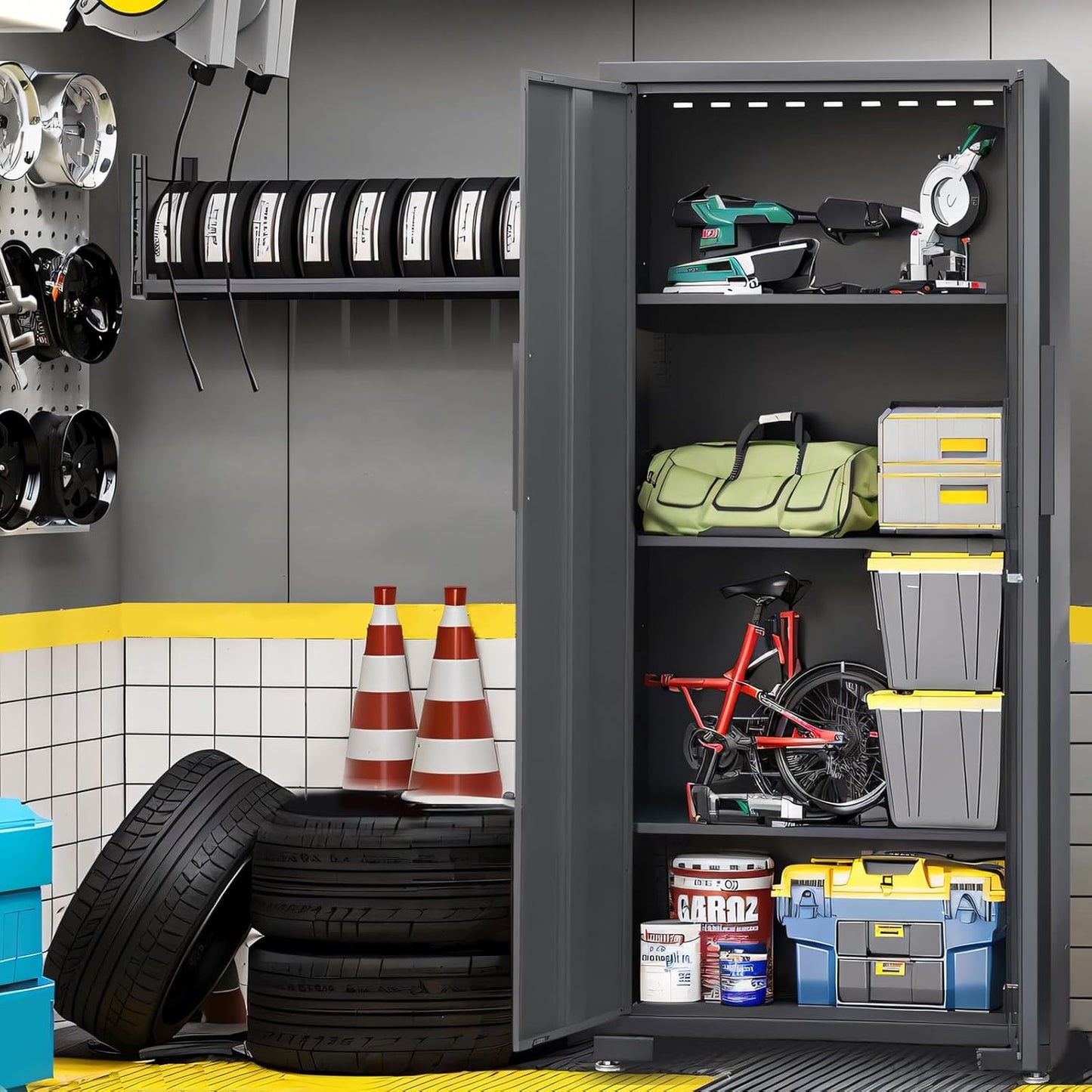 Torin Garage Cabinets Storage System, 9 Piece Included Steel Drawers Rolling Chest,Locked Storage Cabinet, Perfect for Organizing Garage and Tools, Black/Grey