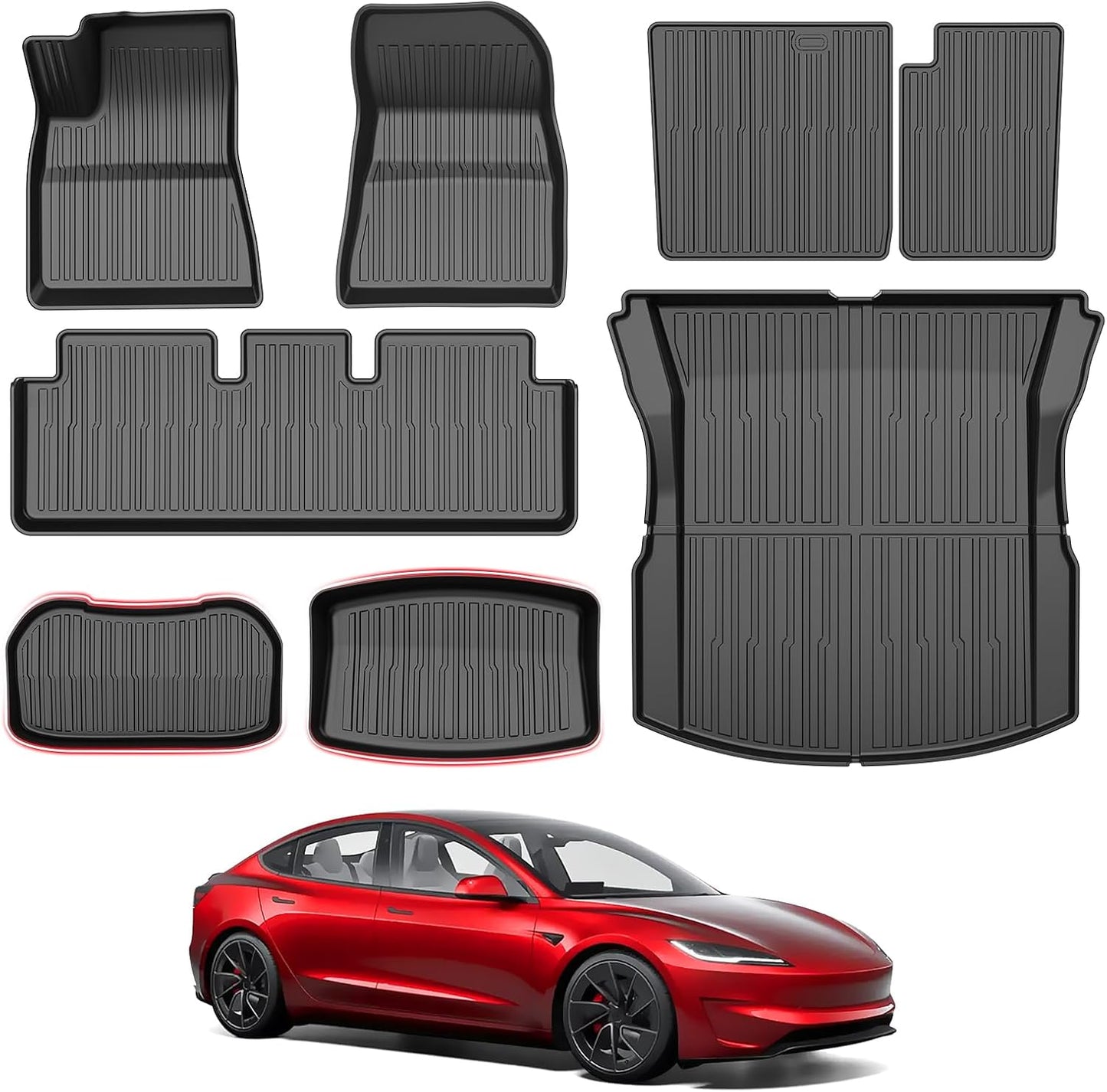 Powerty Floor Mats for 2024 2025 Tesla Model 3 Highland 8 PCS Floor Cargo Liners Full Set All Weather TPE 3D 2 Row Liner Front Rear Storage Mat and Rear Seat Back Mats