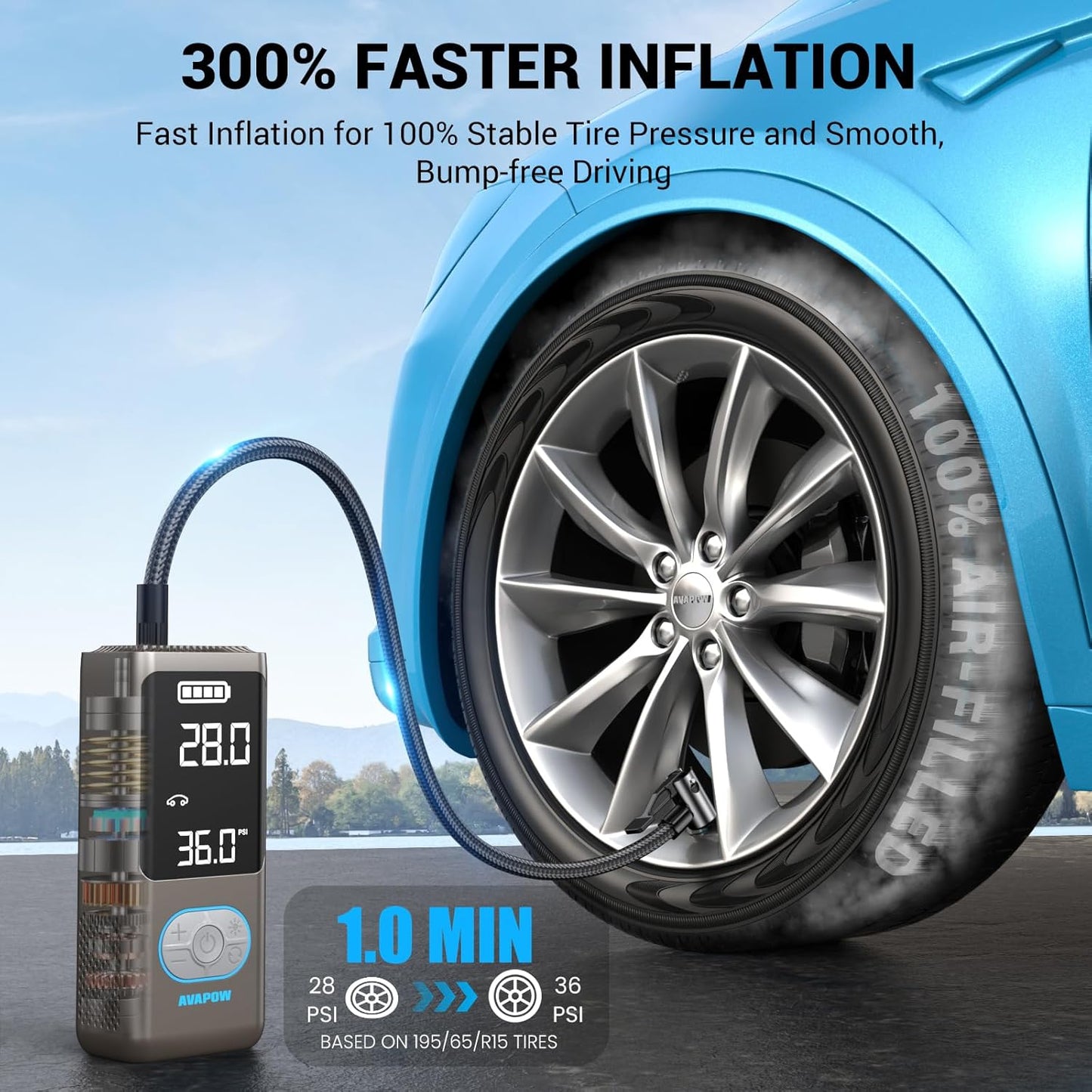 AVAPOW AP18 Tire Inflator Portable Air Compressor, 300% Faster 150 PSI Cordless Air Pump with Tire Pressure Gauge, 3.7″ Dual LCD Screen, Auto-Shuts Off Tire Pump for Car, Motorcycle, Bicycle, Gold