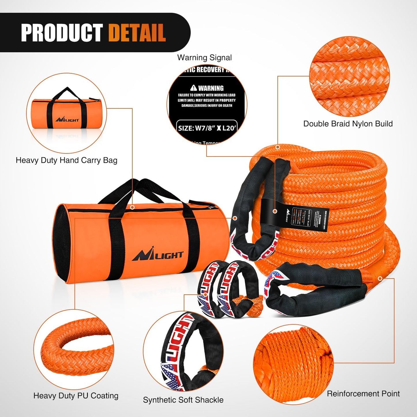 Nilight Kinetic Recovery Tow Rope 7/8" x 20ft (28,600LBS) with 2 Soft Shackle 1/2" x 24" Snatch Strap Heavy Duty Offroad Towing Strap kit for UTV ATV SUV Truck Car Jeep Tractor