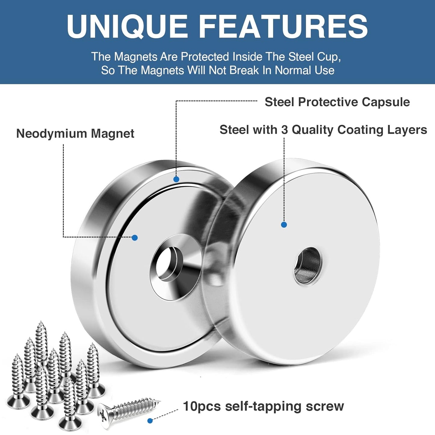 MIKEDE 10 Pack Strong Neodymium Cup Magnets, 70Lbs+ Holding Force Heavy Duty Round Base Cup Magnets with Countersunk Hole, Powerful Industrial Strength Rare Earth Magnet with Screws for Wall Mounting