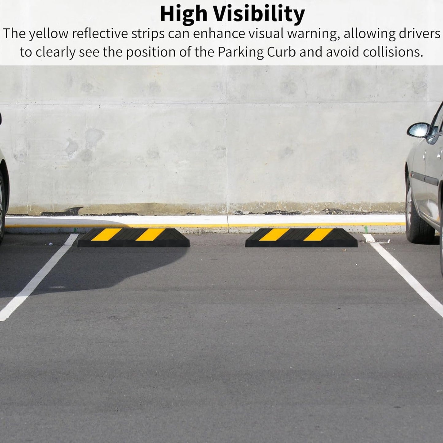 Heavy-Duty Parking Curb Wheel Stop - Driveway Vehicle Stopper for Cars, Trucks & RVs - Durable Rubber Car Barrier with Reflective Strip - Garage & Parking Lot Safety Curb Ramp (21" - 4Pack)