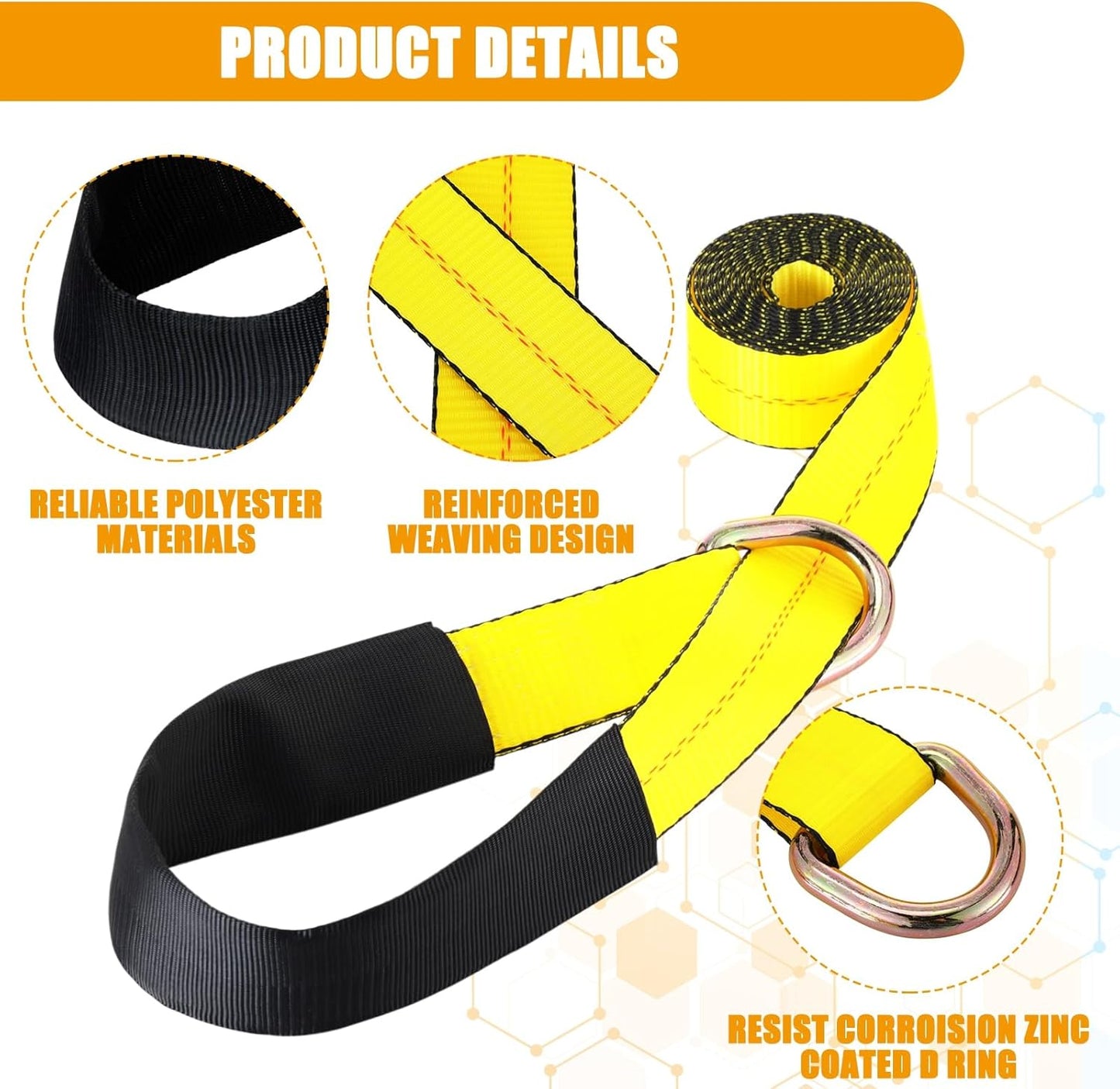 8 Pack 2" x 8ft Tow Truck Straps Lasso Wheel Lift Straps Lasso Tow Strap with D Ring 11, 000 Lbs Break Strength Auto Tie Down Auto Hauler for Trailer Truck Tie(Yellow)