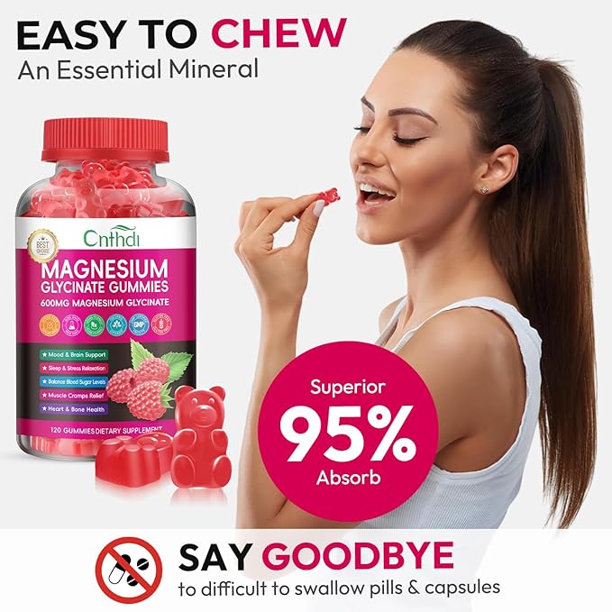Magnesium Glycinate Gummies 600mg, High Absorption Magnesium Gummies with L-Threonate, Calcium, Vitamin B6, D3, Sugar Free Chews for Men & Women Relaxation, Stress Relief, Night Rest