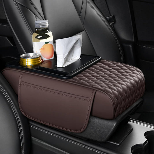 Center Console Cover Organizer, 5-In-1 Arm Rest Cover for Car with Cup Holder & Storage Pocket & Tissue Holder, Armrest Cover Cushion Pad, Water Ripples, Brown