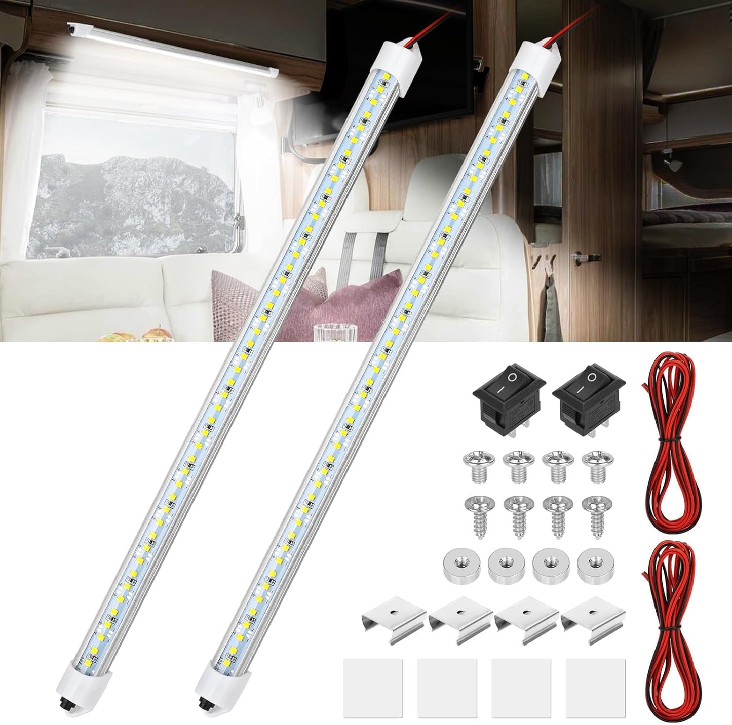 Linkstyle 2PCS 12V Interior LED Light Bar, 48 LEDs Slim Light Strip w/Switch, for Car Trailer Truck RV Van Boat, 6500K