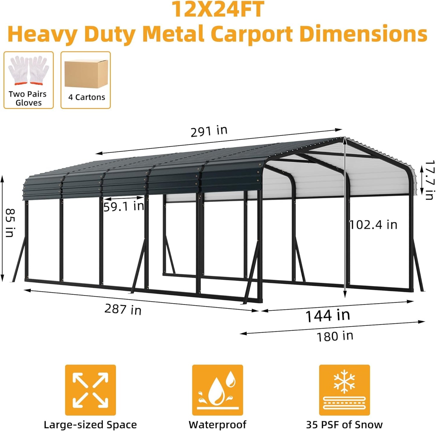 12x24FT Metal Carport Kits with Galvanized Steel Roof, Heavy Duty Metal Roof Carport with Enhanced Base, Tall MetalCarport Kits Garage for Tractors, Pickup, Boat, Car